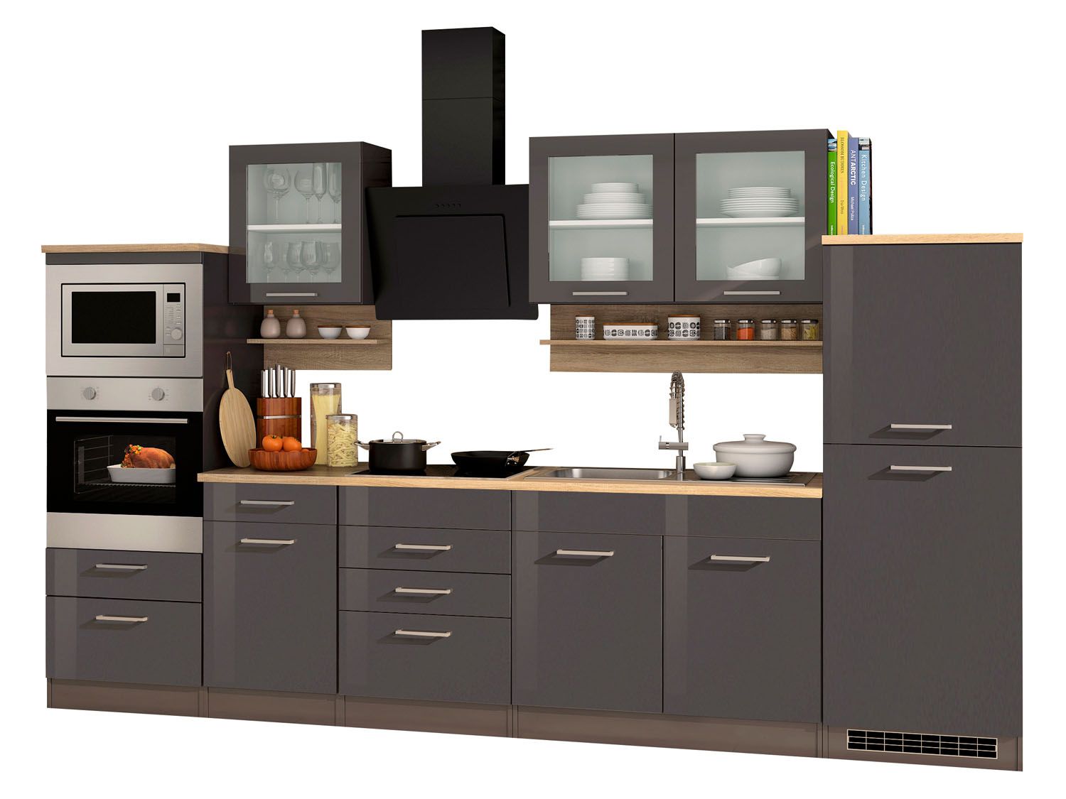 HELD Küchenzeile Mailand 220-390cm (inkl. E-Geräte/mit Mikrowelle, Hochglanz-grau/eiche sonoma, 330 cm)