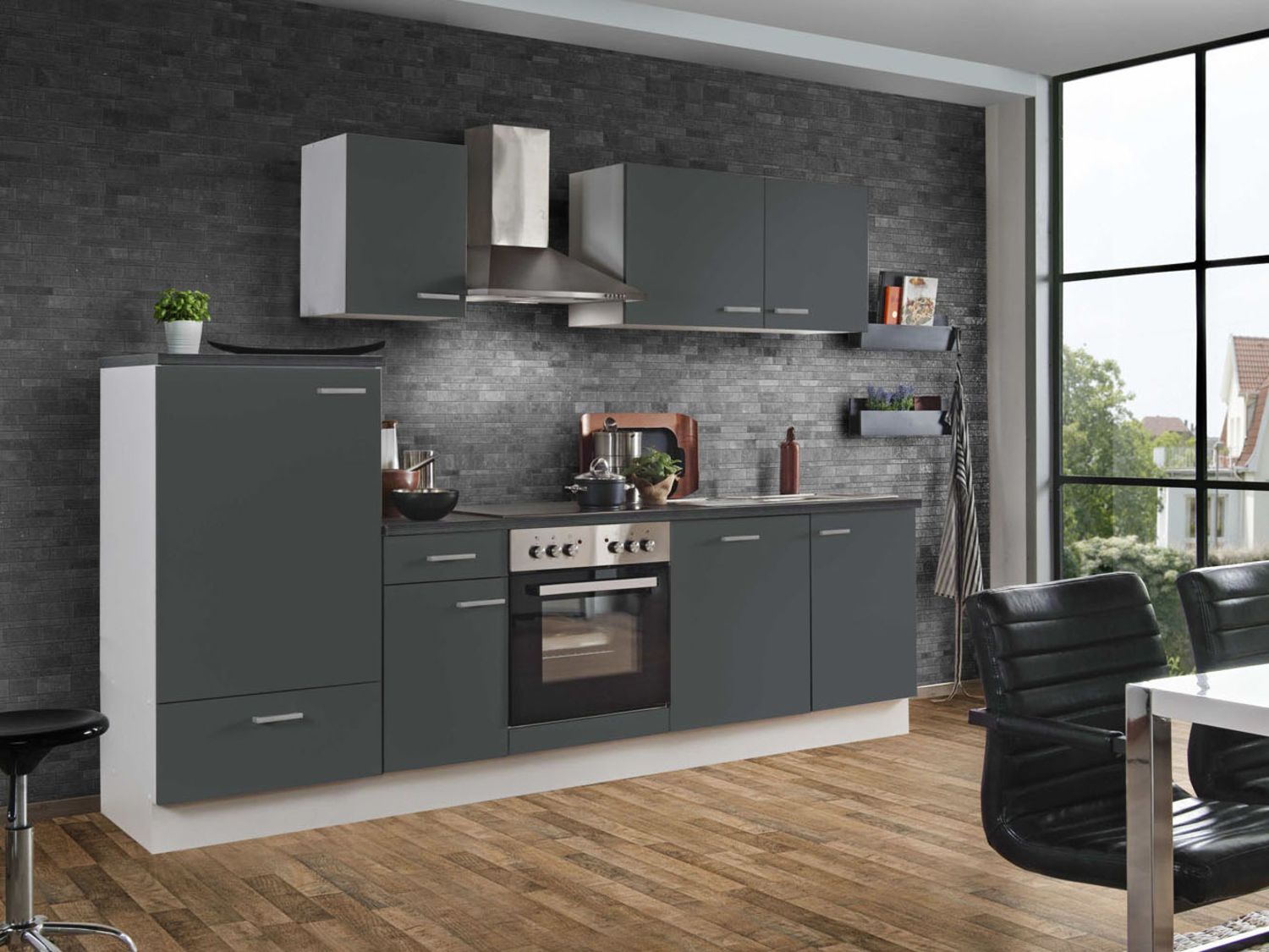 Menke Küchenzeile 'Classic' 270/280/300/310 cm (Geschirrspüler, frei Bordstein, Anthrazit, 270 cm)