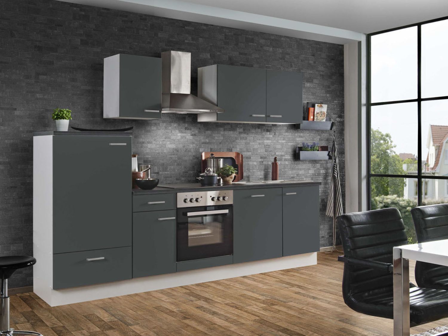 Menke Küchenzeile ''Classic'' 270/280/300/310 cm (Geschirrspüler, frei Bordstein, Anthrazit, 280 cm)''