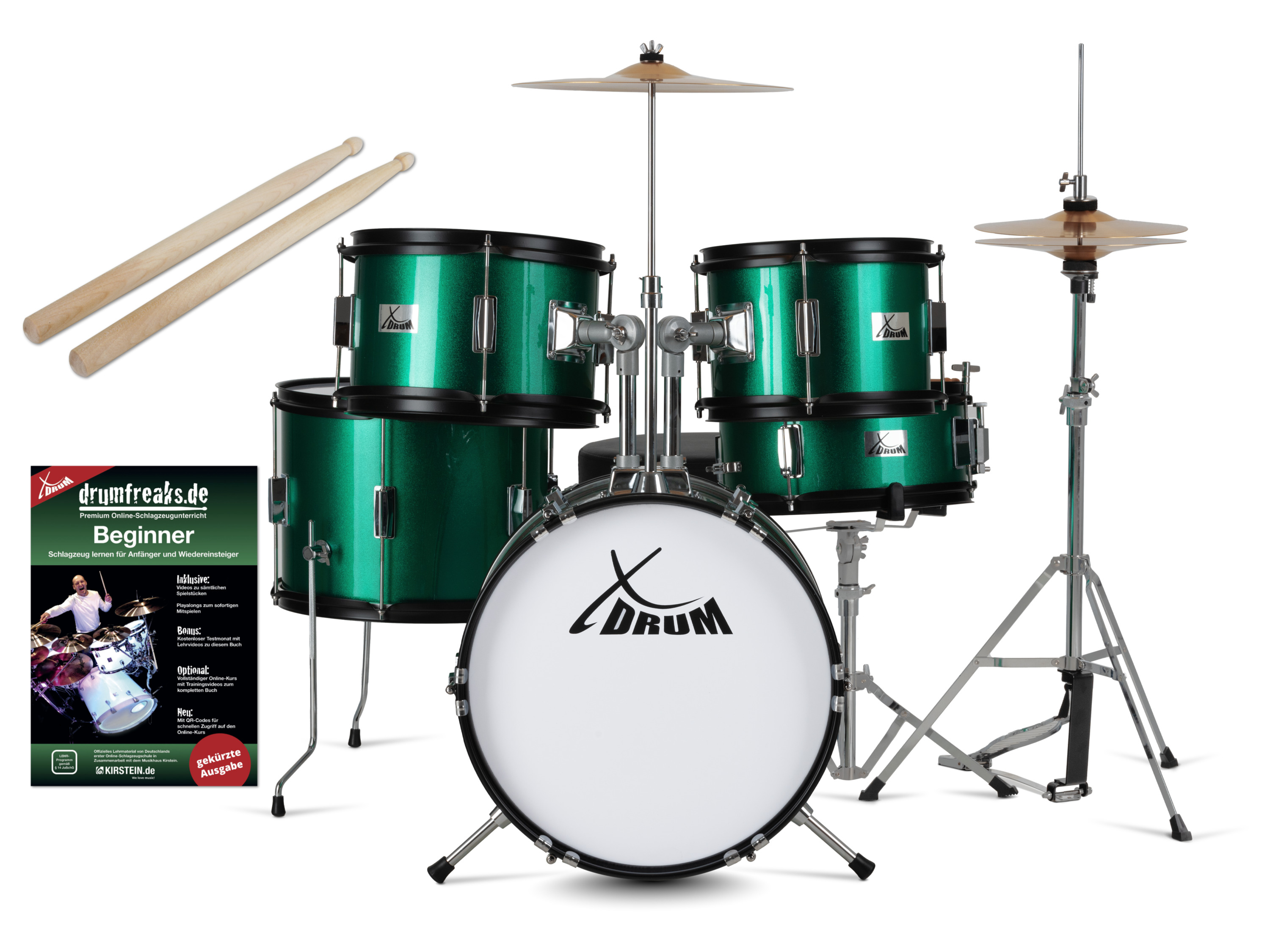 XDrum Junior Pro Kinder Schlagzeug (Green Sparkle inkl Schule)