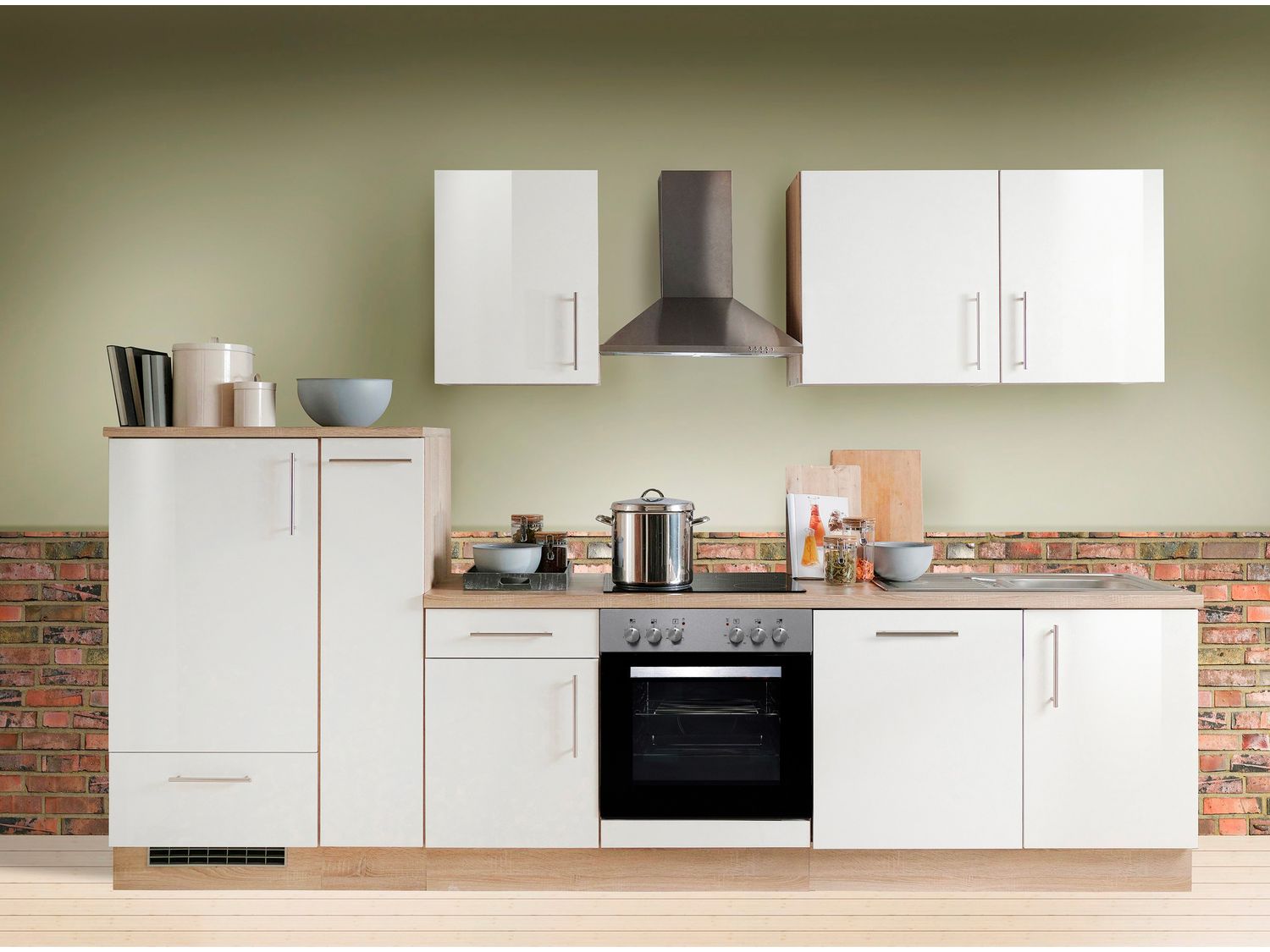 Menke Küchenblock Premium 270/280/300/310cm (mit Geschirrspüler, 310 cm / Weiss glanz, Frei Bordsteinkante)''