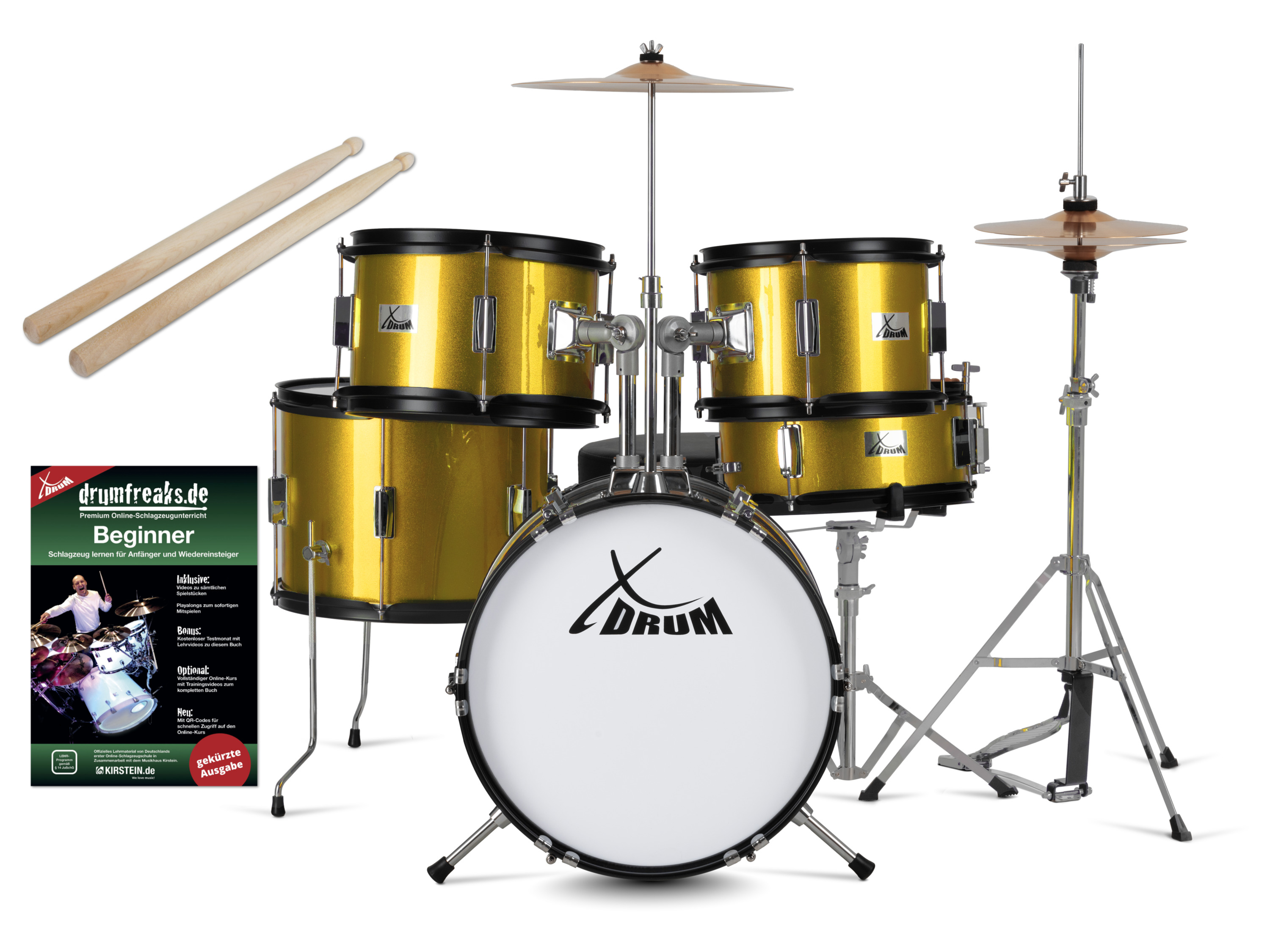 XDrum Junior Pro Kinder Schlagzeug (Gold Sparkle inkl. Schule)