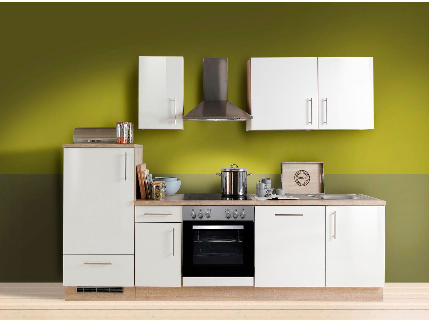 Menke Küchenblock Premium 270/280/300/310cm (mit Geschirrspüler, 270 cm / Weiss glanz, Frei Bordsteinkante)