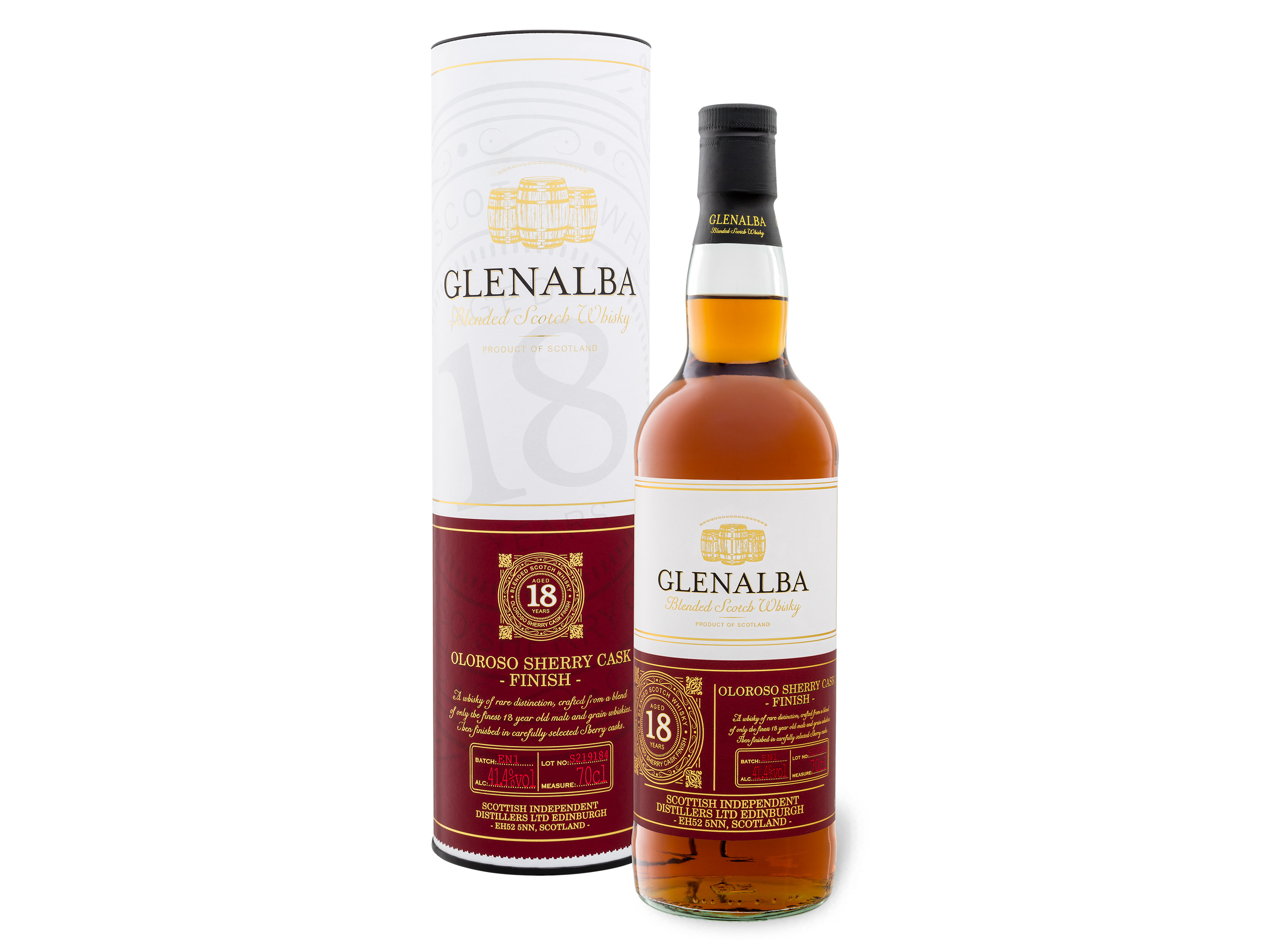 Glenalba Blended Scotch Whisky 18 Jahre Sherry Cask Finish mit Geschenkbox 41,4% Vol