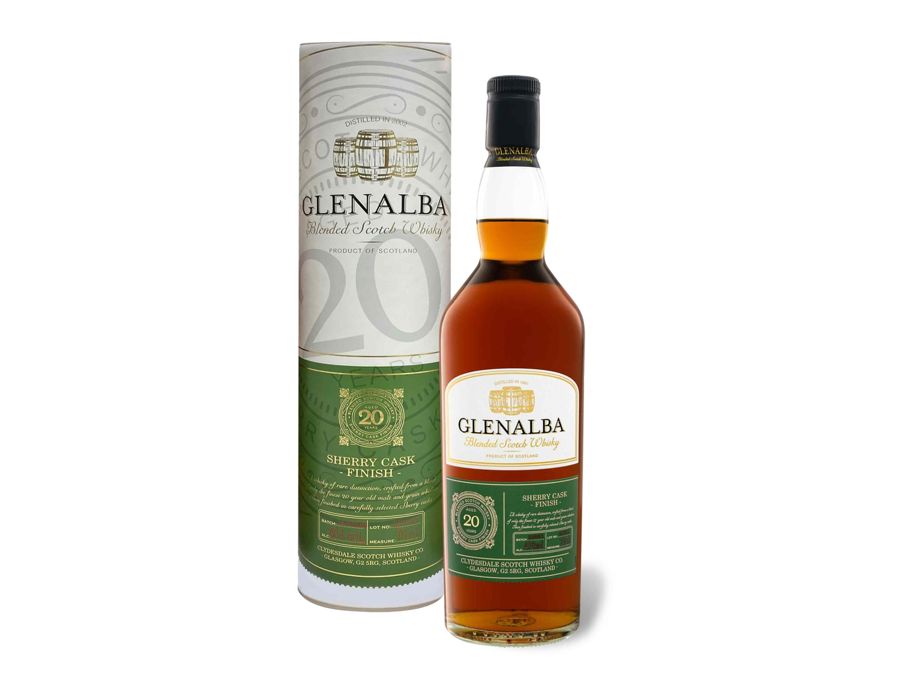 Glenalba Blended Scotch Whisky Sherry Cask Finish 20 Jahre mit Geschenkbox 40% Vol''