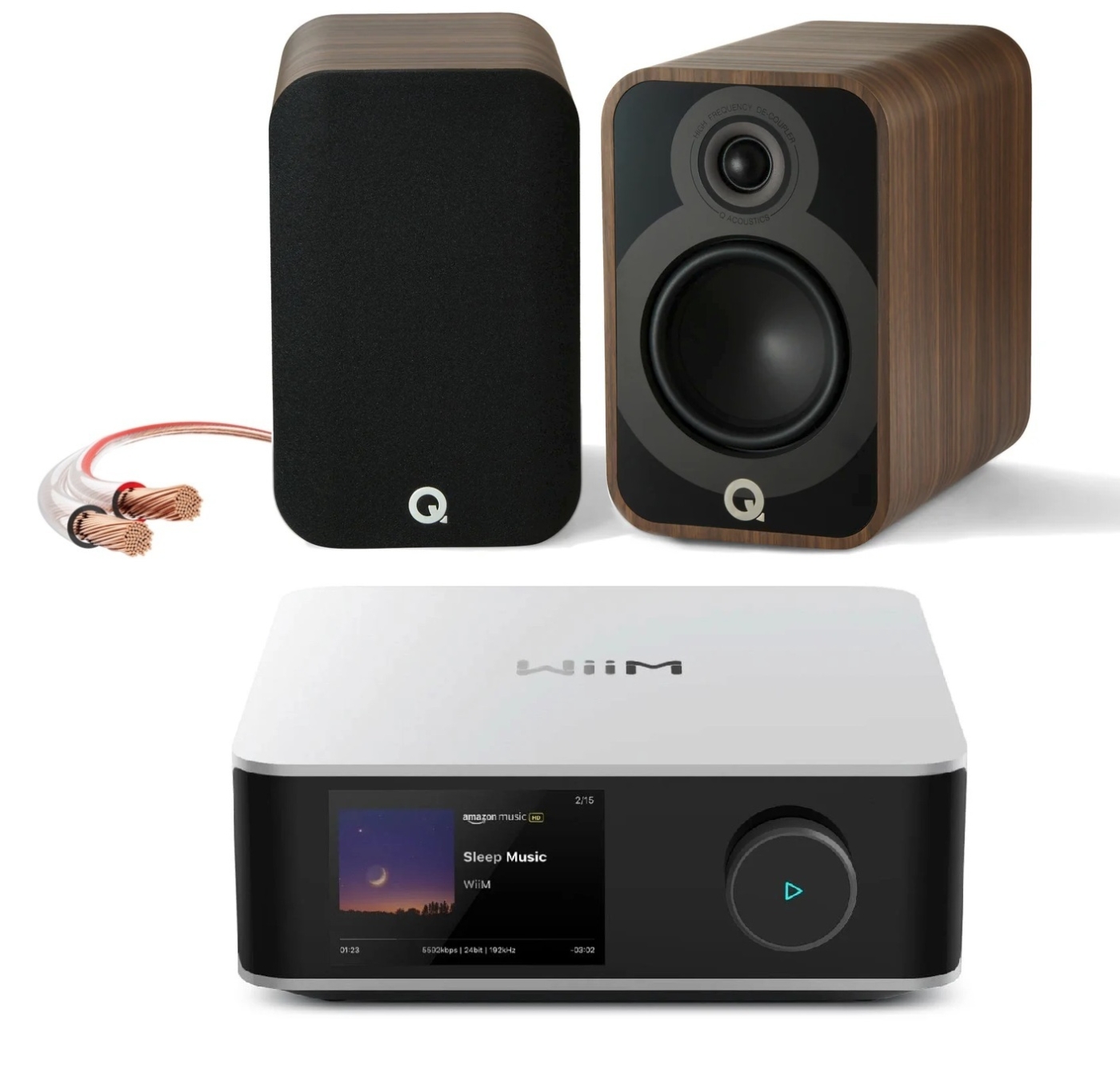 Bundle Wiim Amp Ultra + Q-Acoustics 5020 + Avinity-LS-Kabel | Neu Silber/Rosenholz