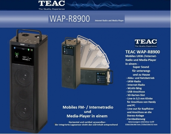 TEAC WAP-R8900 Schwarz - Mobiles, netzstromunabhängiges, WLAN-fähiges UKW- / Internet-Radio und Media-Player mit neuem Hochleistungsakku | Auspackware, wie neu ohne FB