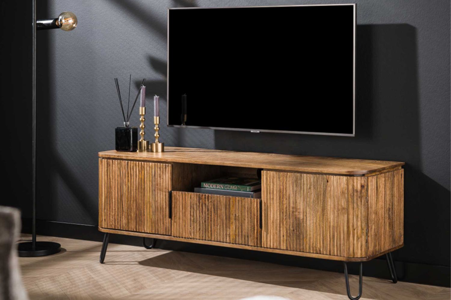 KAWOLA Lowboard SALEMA TV-Board Mango massiv sandfarben 2 Türen 1 Schublade