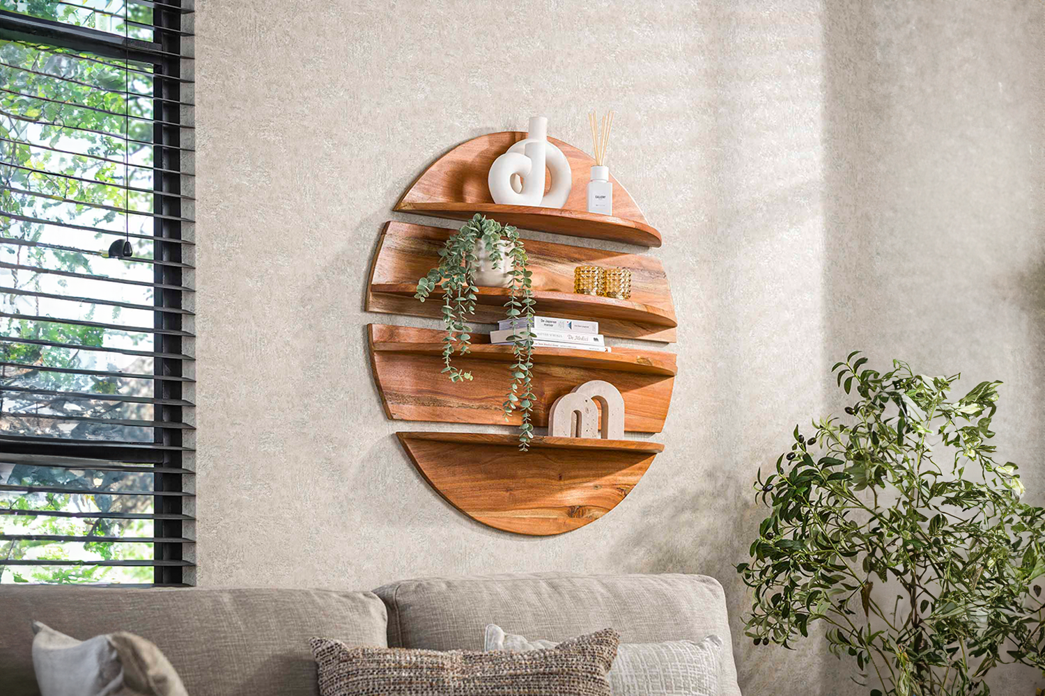 KAWOLA Wandregal KRISA 4-tlg. rund Neemholz natur