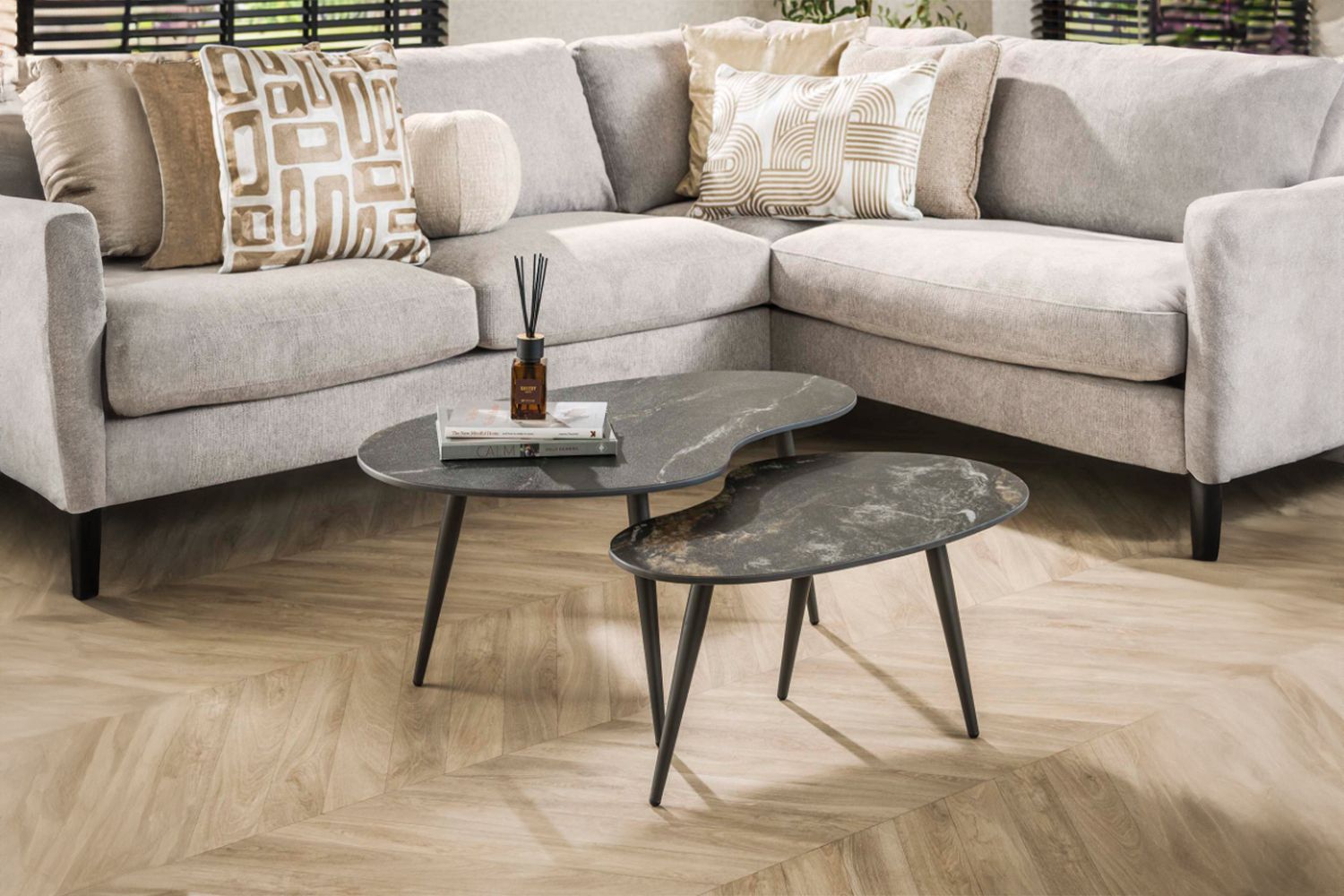 KAWOLA Couchtisch PONTE Set 2-tlg. Keramik schwarz nierenförmig