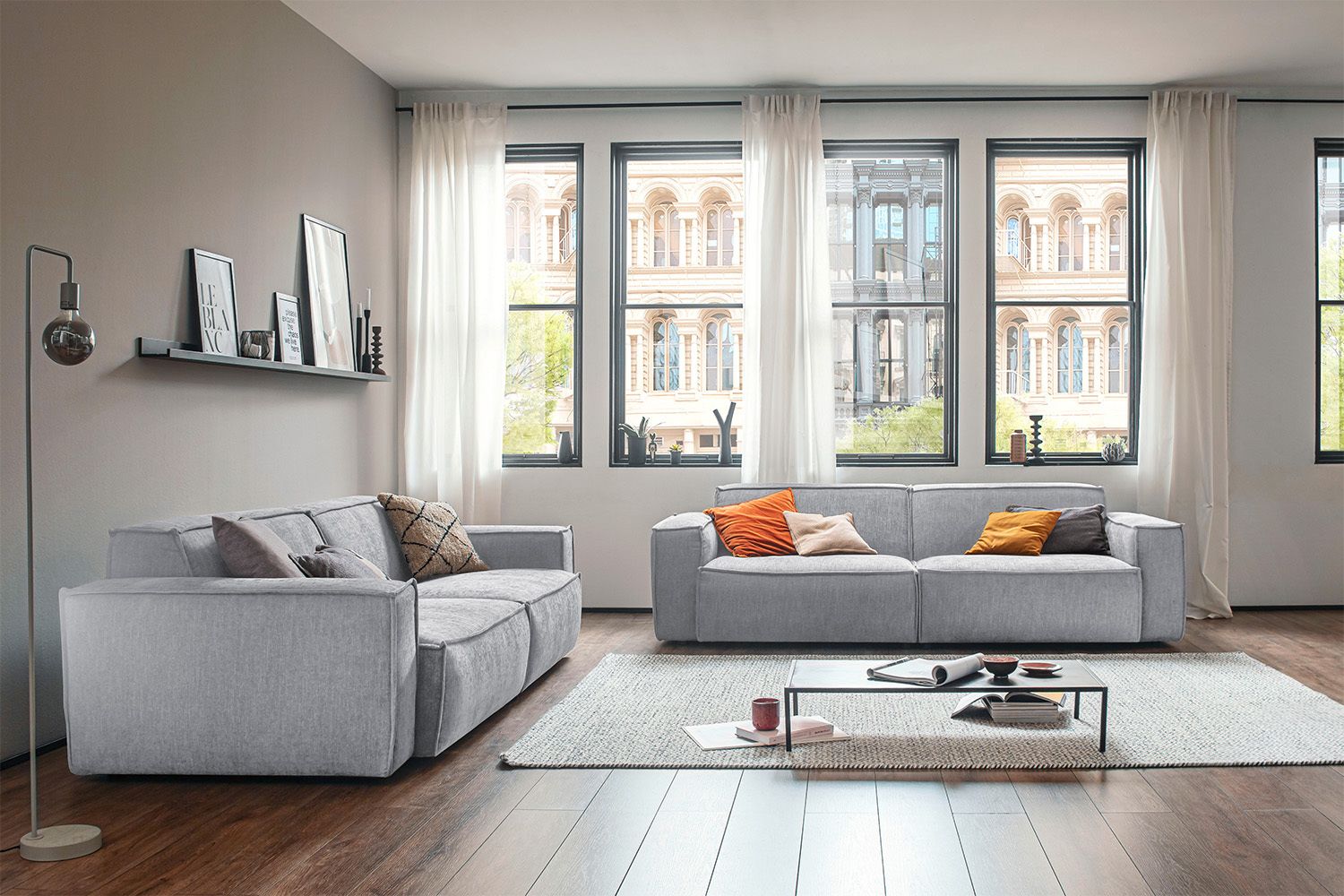 KAWOLA Sitzgruppe SAMU 3-Sitzer 2-Sitzer Chenille-Stoff hellgrau