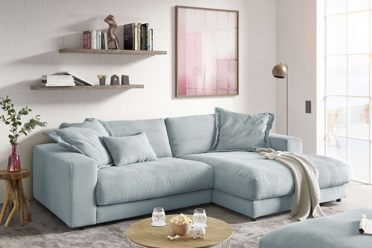 KAWOLA Sofa MADELINE Ecksofa mit Longchair Cord hellblau