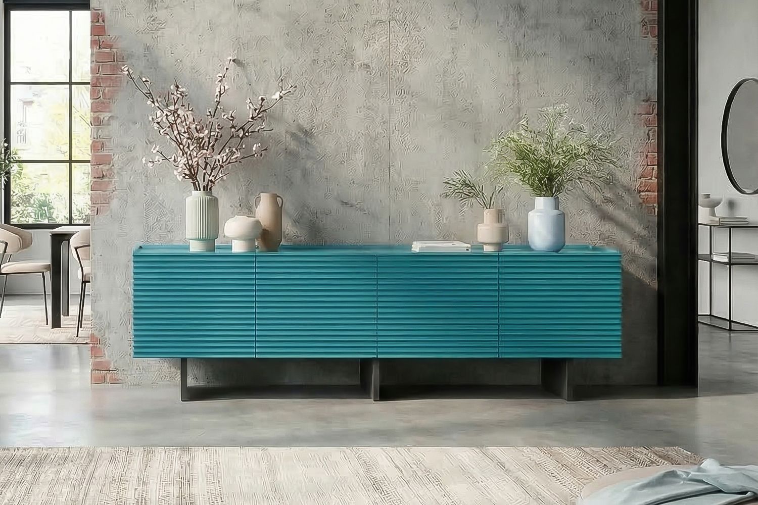 KAWOLA Lowboard LYNN TV-Board 4 Türen Holz lackiert petrol