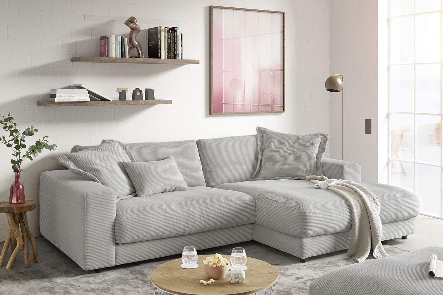 KAWOLA Sofa MADELINE Ecksofa mit Longchair Cord steingrau