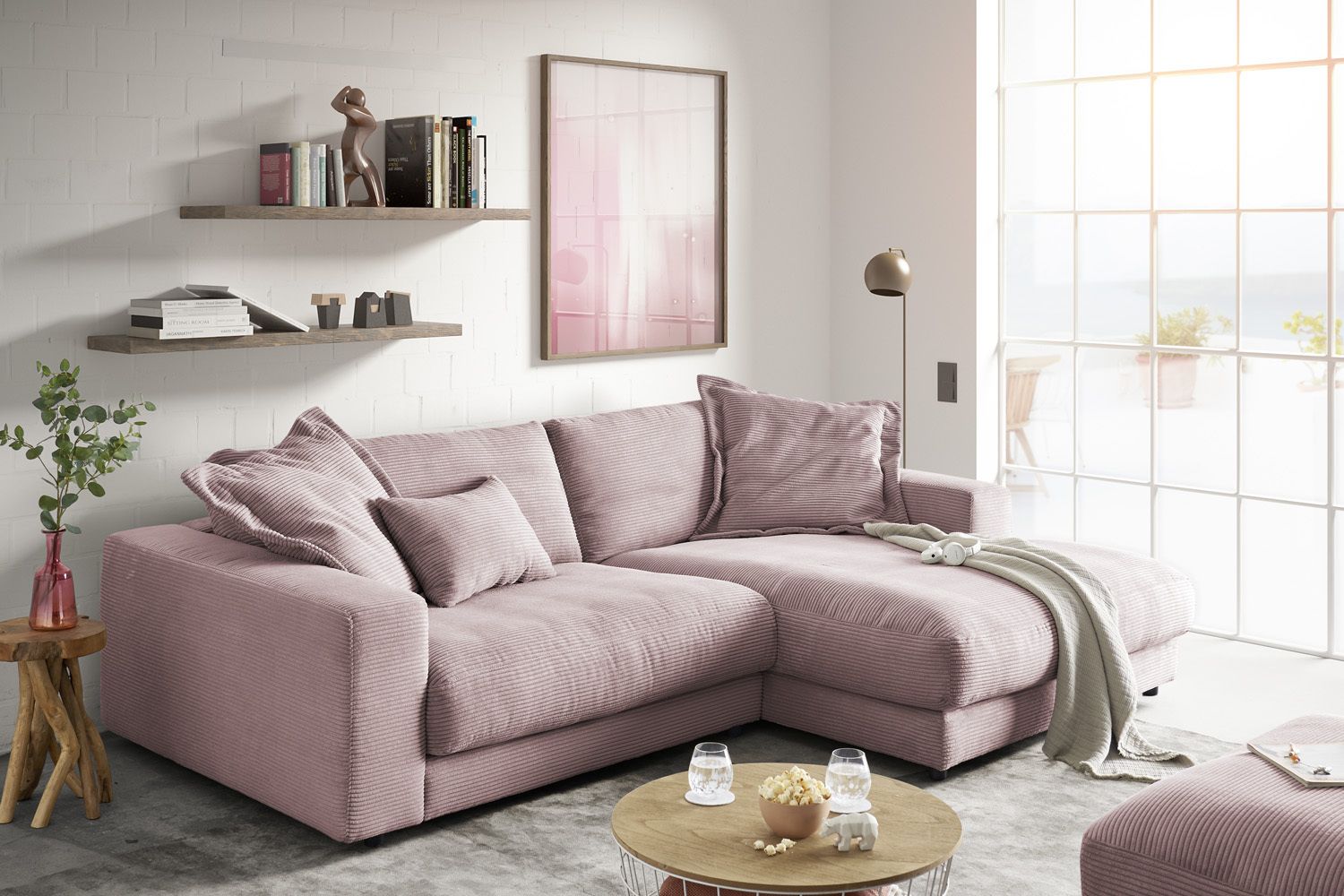 KAWOLA Sofa MADELINE Ecksofa mit Longchair Cord rosa