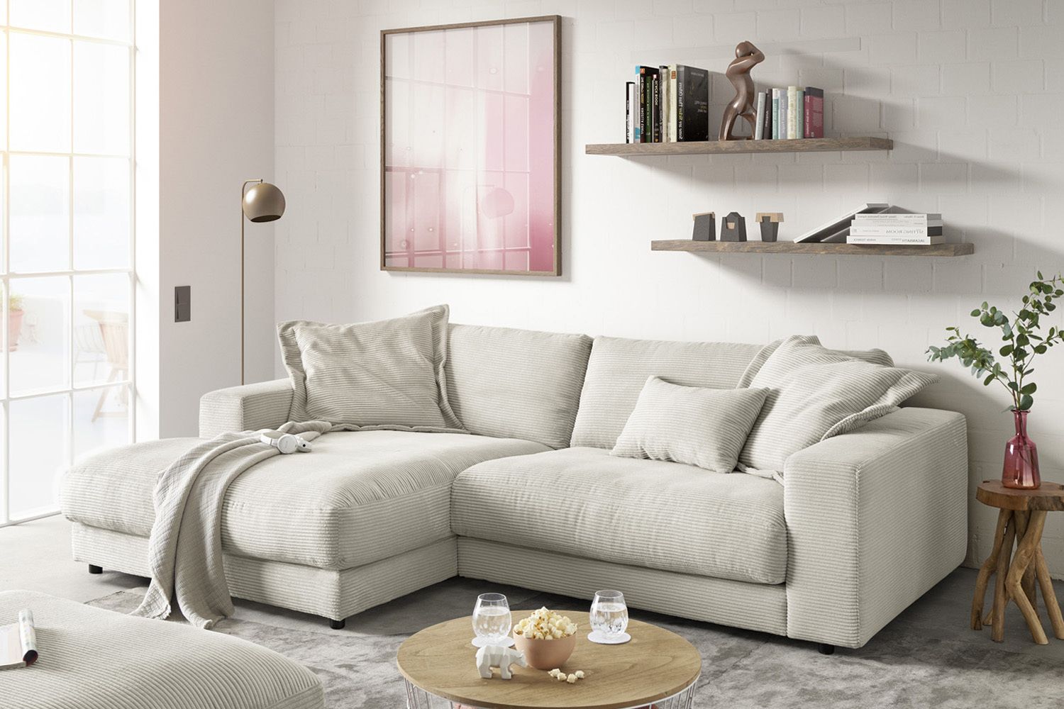 KAWOLA Sofa MADELINE Ecksofa mit Longchair Cord hellgrau