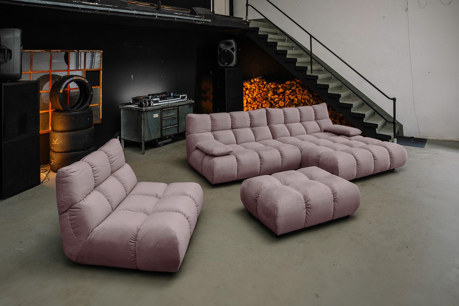 KAWOLA Sitzgruppe VIVIEN Ecksofa Drehsessel Hockerbank Velvet roségrau