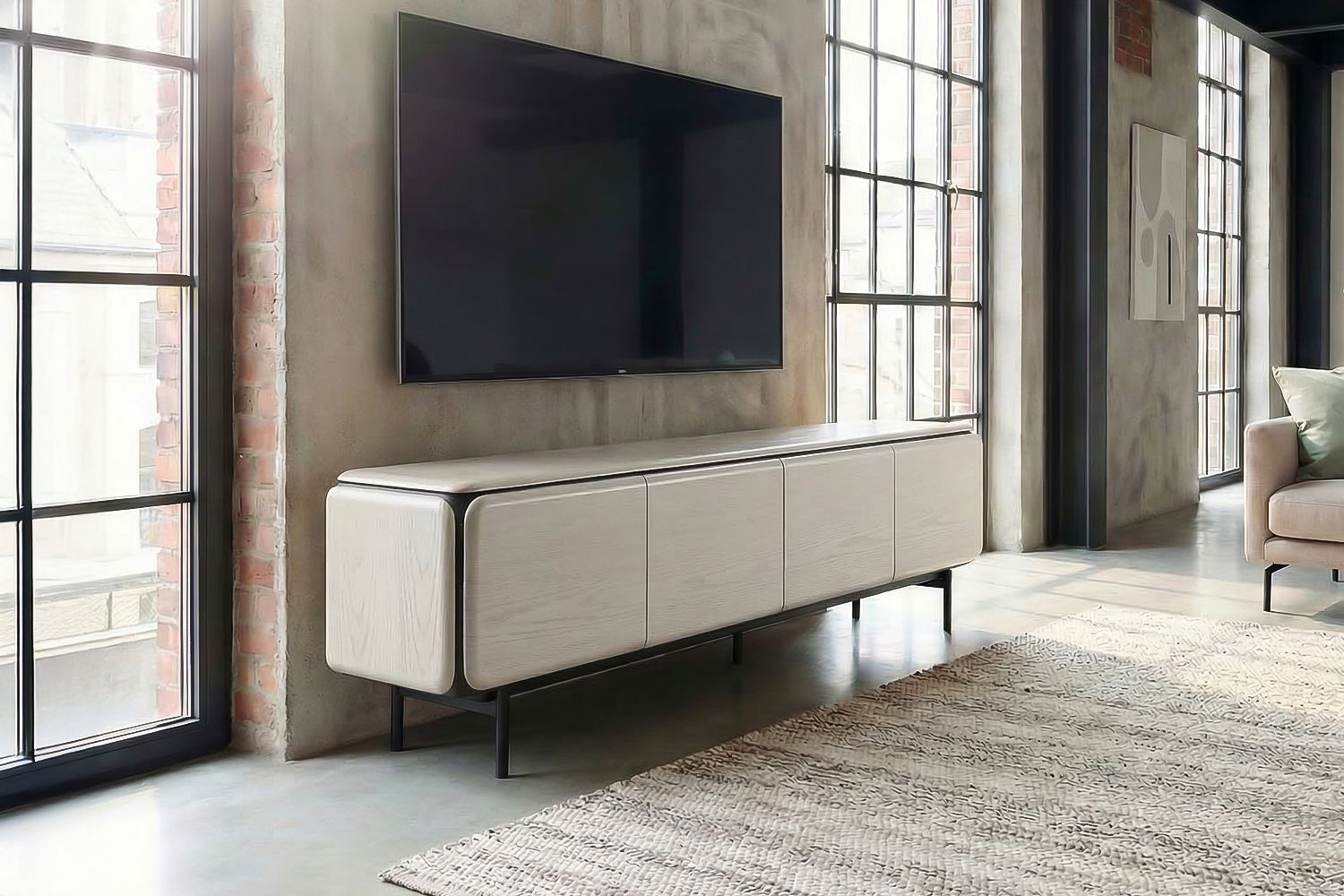 KAWOLA Lowboard AVRIL TV-Board 4 Türen Eiche furniert grau