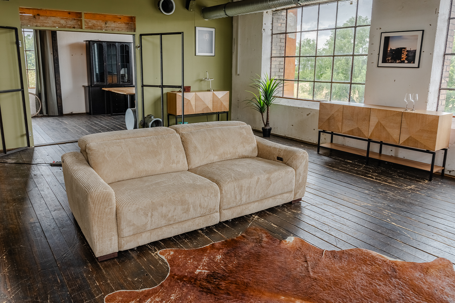 KAWOLA Big Sofa KIANA 3-Sitzer Funktionssofa Kopfstütze verstellbar Cord beige