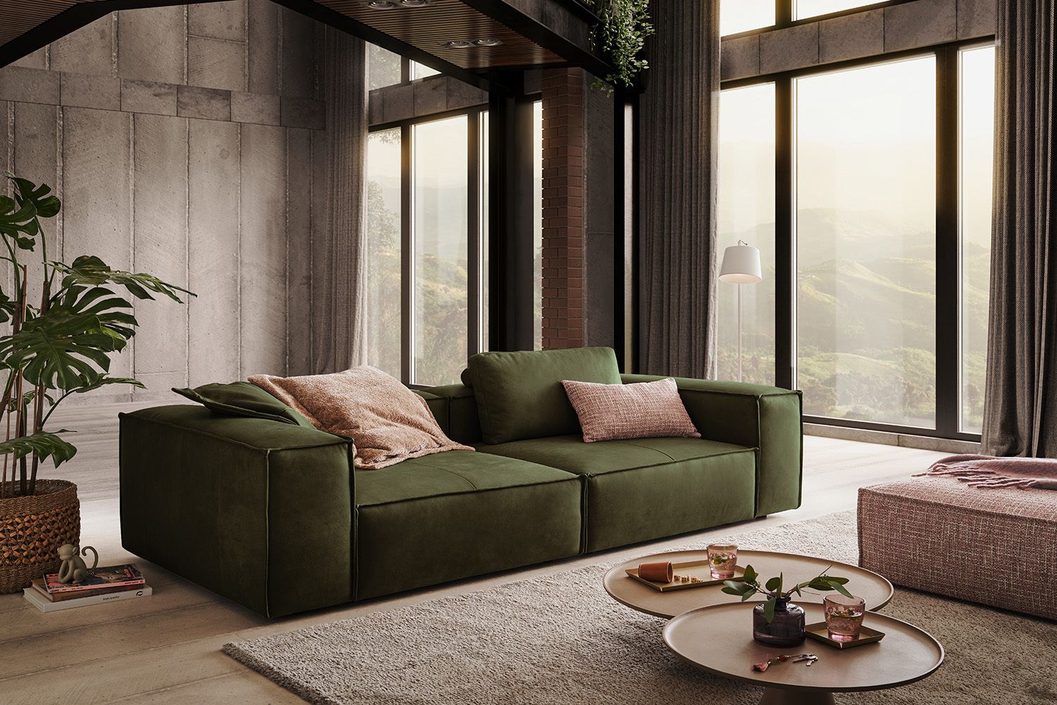 KAWOLA Sofa CARMO 3-Sitzer Leder olivgrün