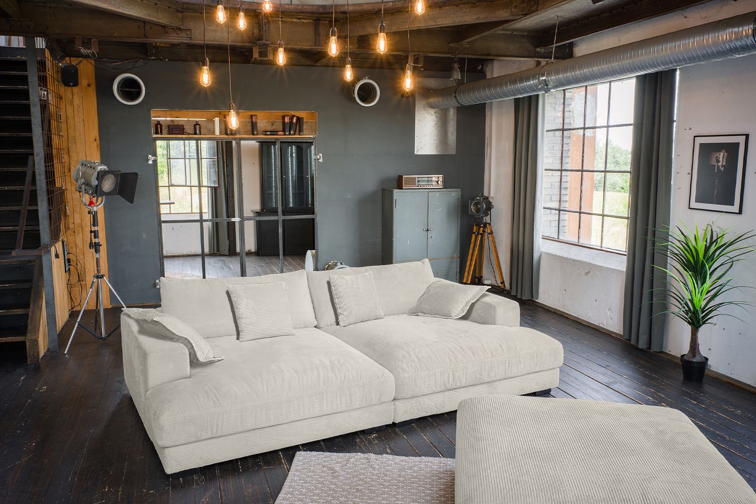 KAWOLA Big Sofa MADELINE Cord cremeweiß mit Hocker und 4 Zierkissen