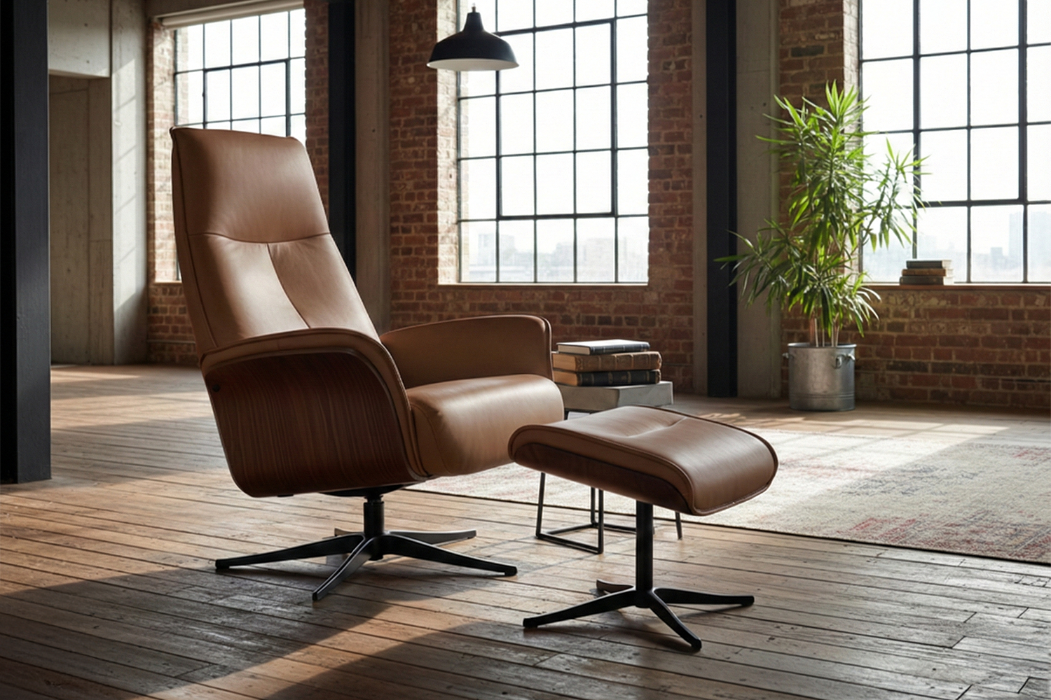 KAWOLA Relaxsessel FERREIRA Drehsessel Leder braun mit Hocker