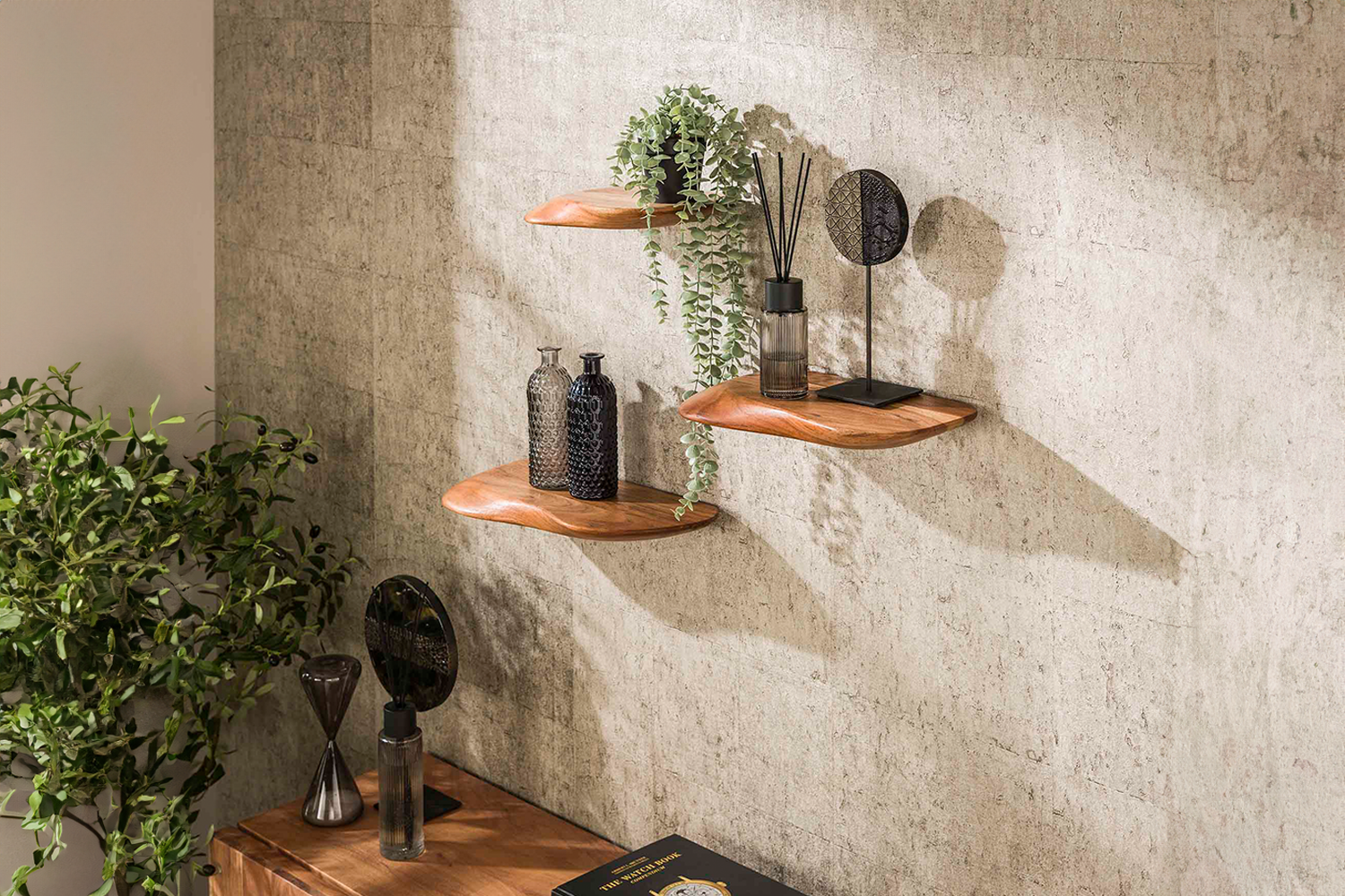 KAWOLA Wandregal HUZO 3-tlg. Akazie massiv natur