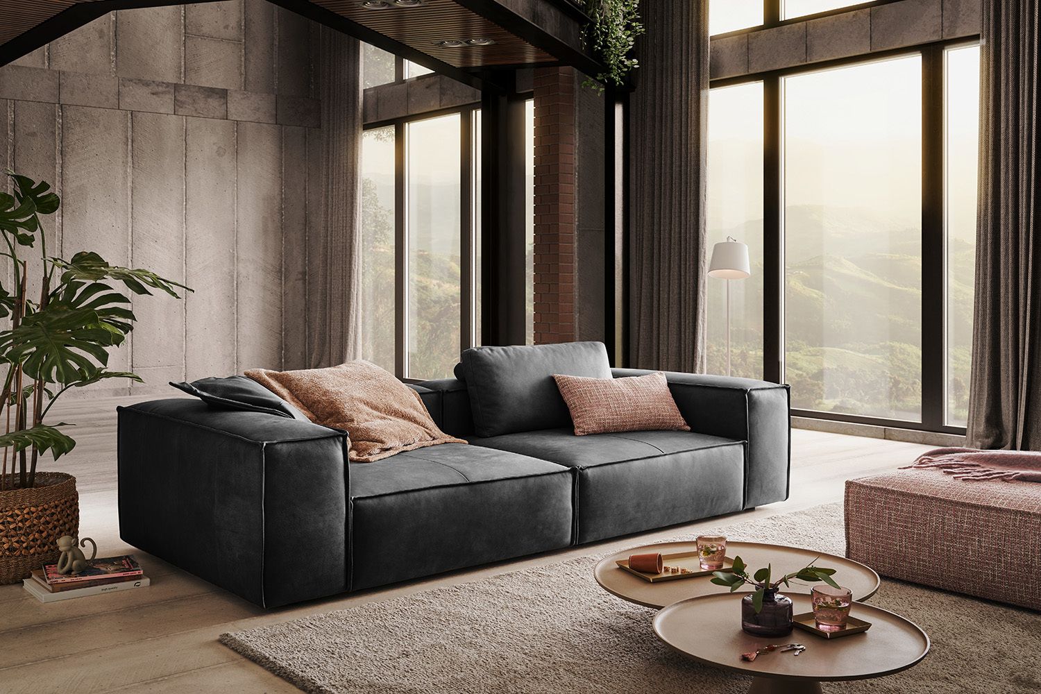 KAWOLA Sofa CARMO 3-Sitzer Leder anthrazit