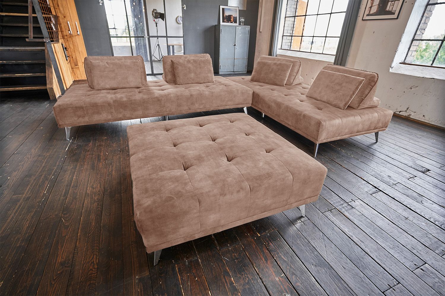 KAWOLA Sofa WIOLO Ecksofa velvet mit Hocker taupe