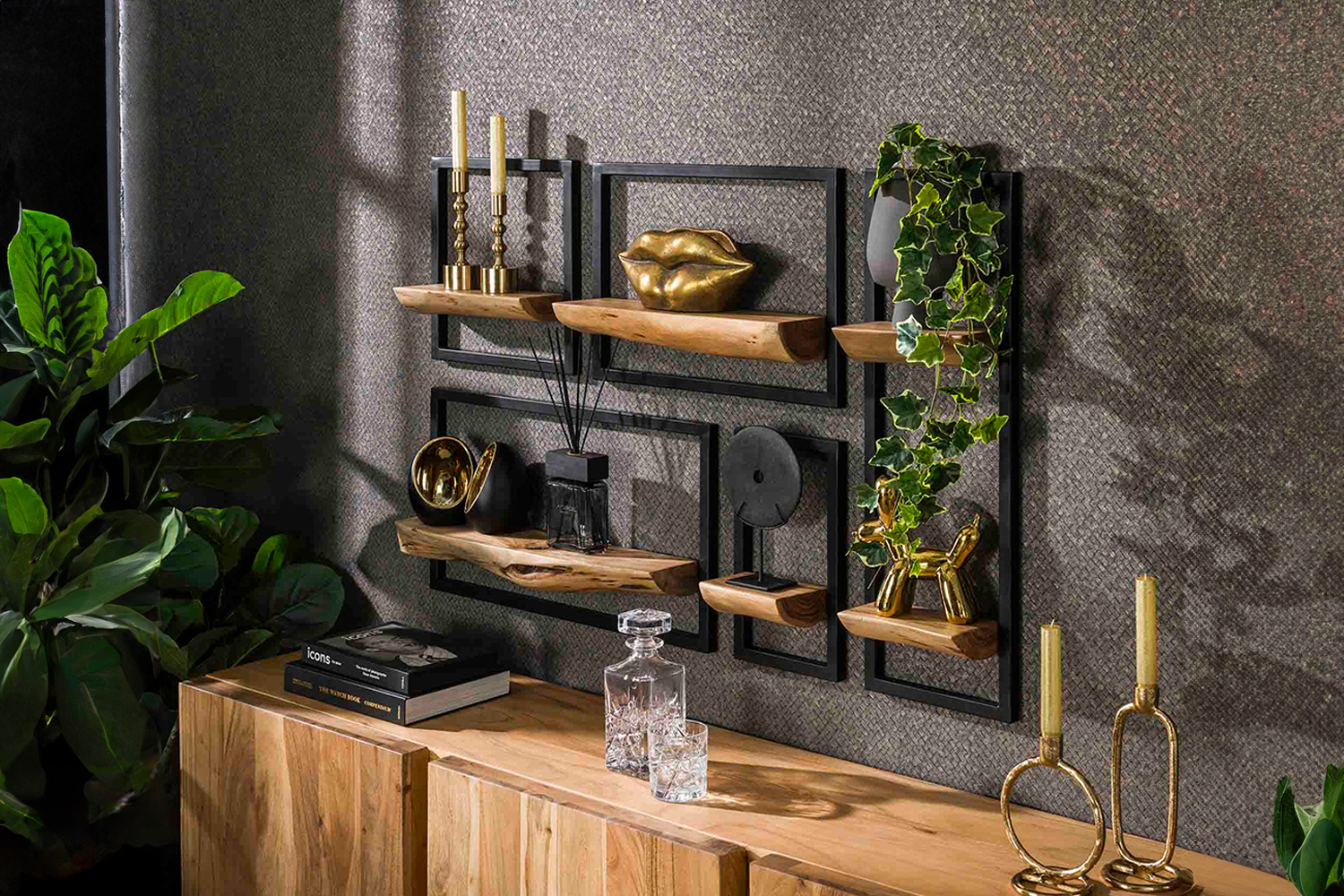 KAWOLA Wandregal ERGEA 5-tlg. Akazie massiv natur