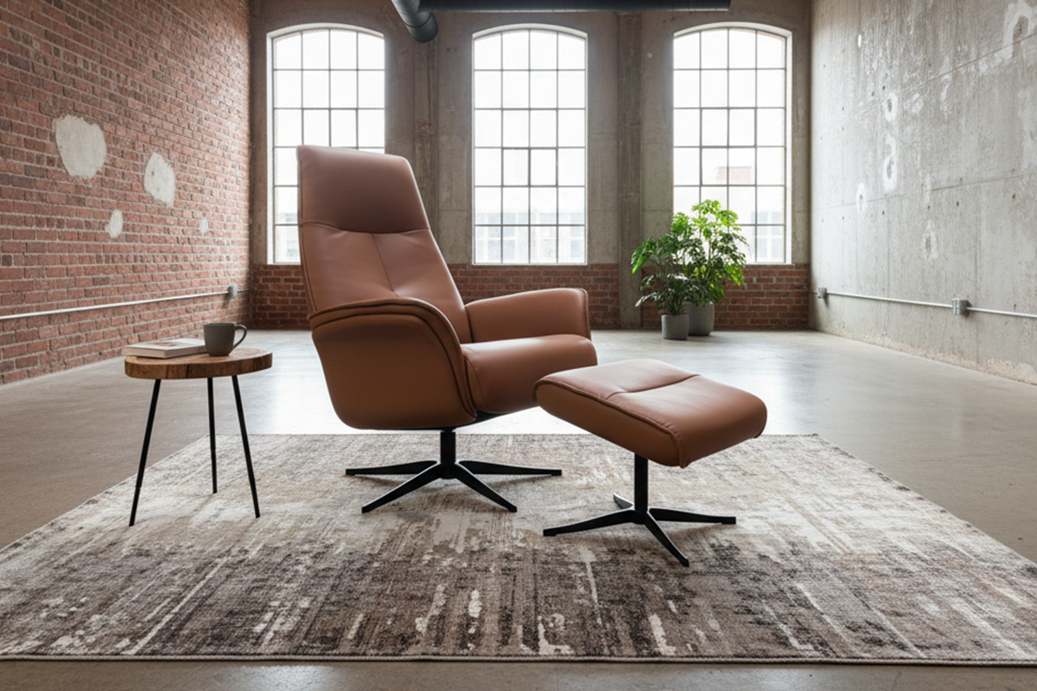 KAWOLA Relaxsessel JOSIANE Drehsessel Leder braun mit Hocker