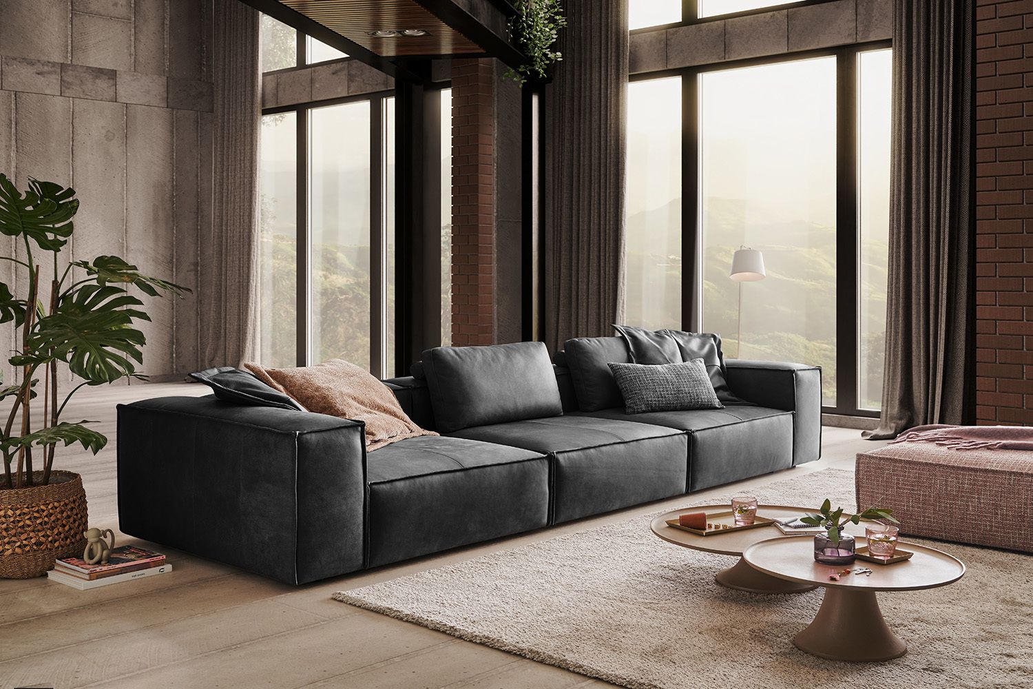 KAWOLA Sofa CARMO 4-Sitzer Leder anthrazit