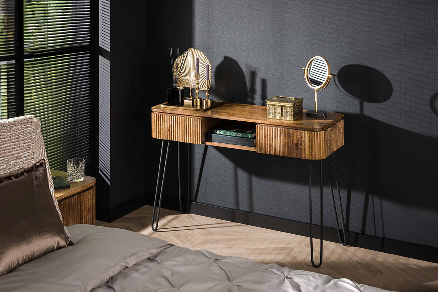 KAWOLA Schminktisch HEVE Konsolentisch Mangoholz massiv natur 2 Schubladen