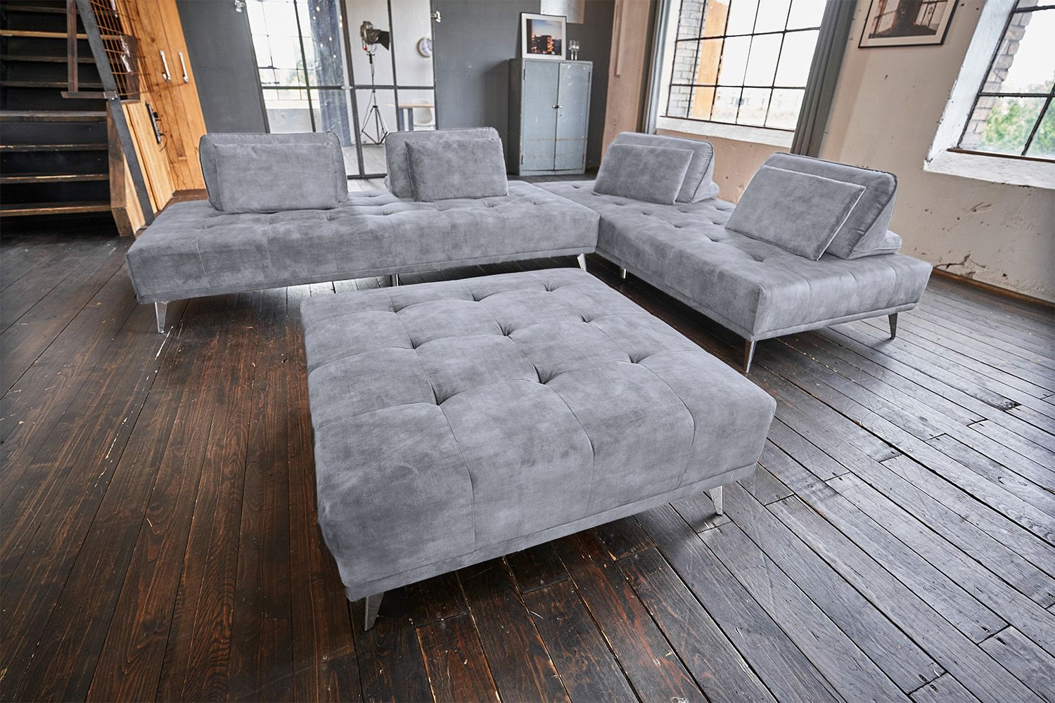 KAWOLA Sofa WIOLO Ecksofa velvet mit Hocker grau