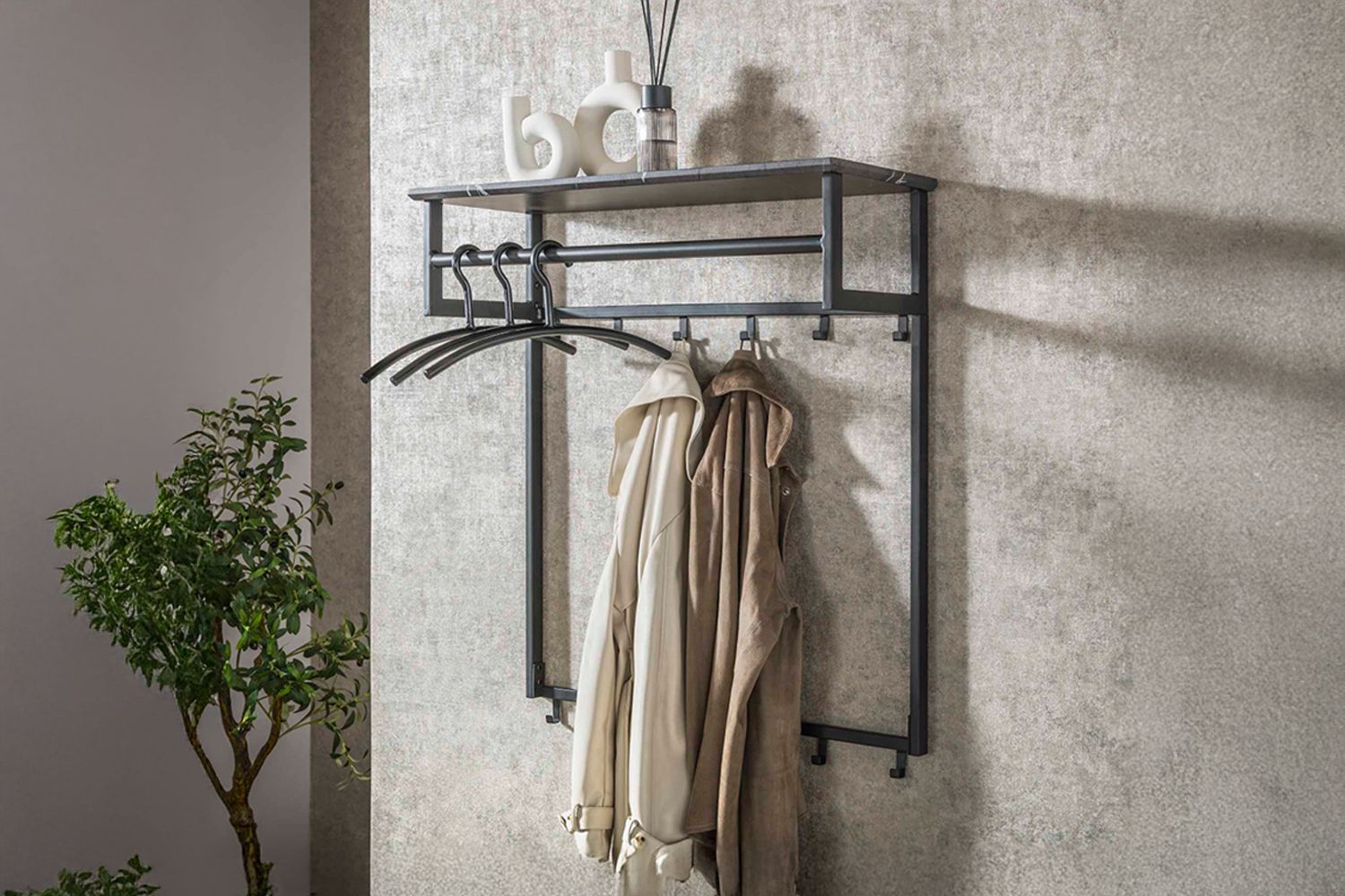 KAWOLA Garderobe SESTA Kunststoff Keramikoptik Hutablage 12 Haken grau