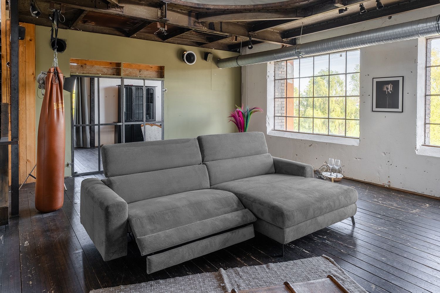 KAWOLA Sofa LAISKA Ecksofa Relaxfunktion teilmotorisch Cord grau