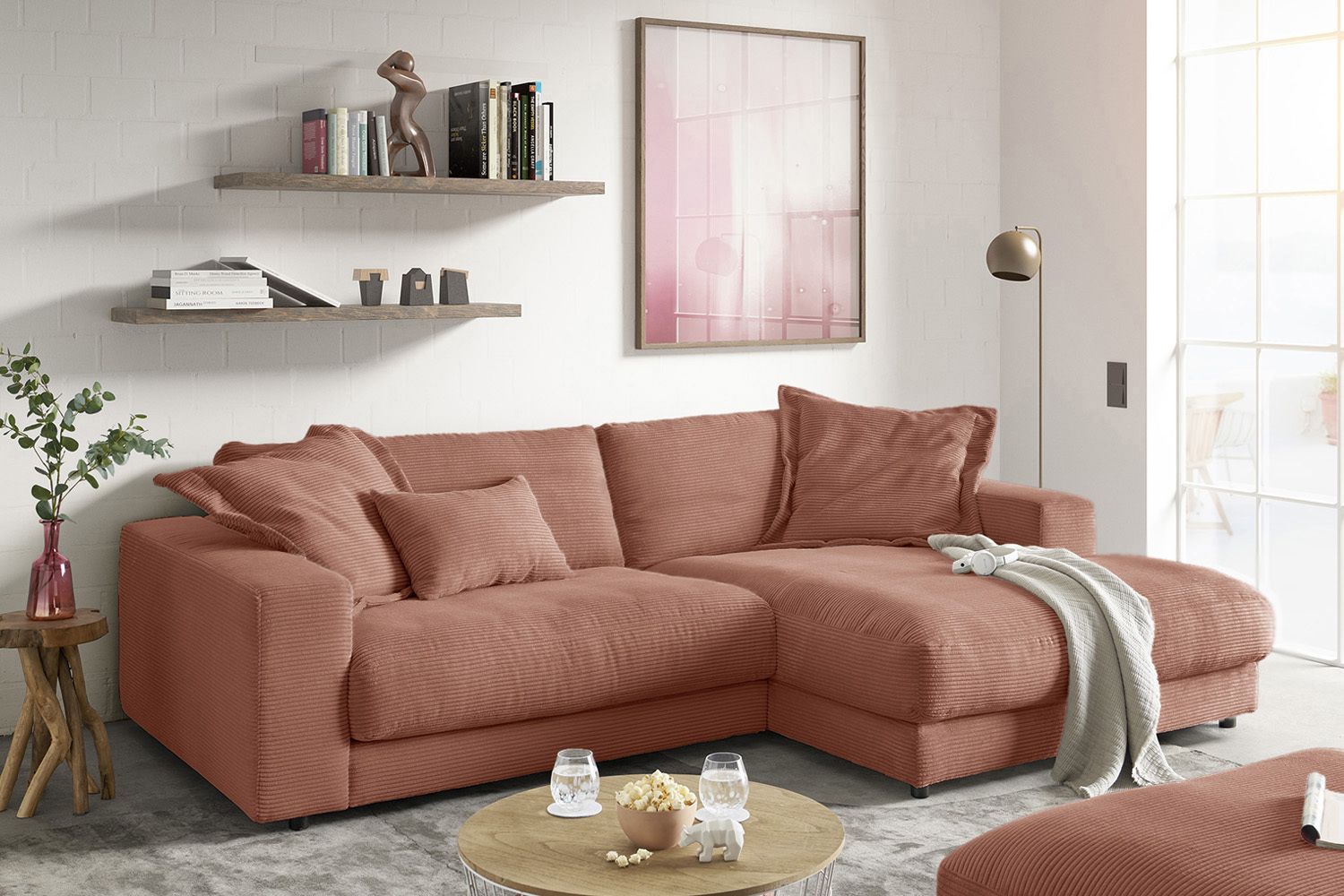 KAWOLA Sofa MADELINE Ecksofa mit Longchair Cord rost