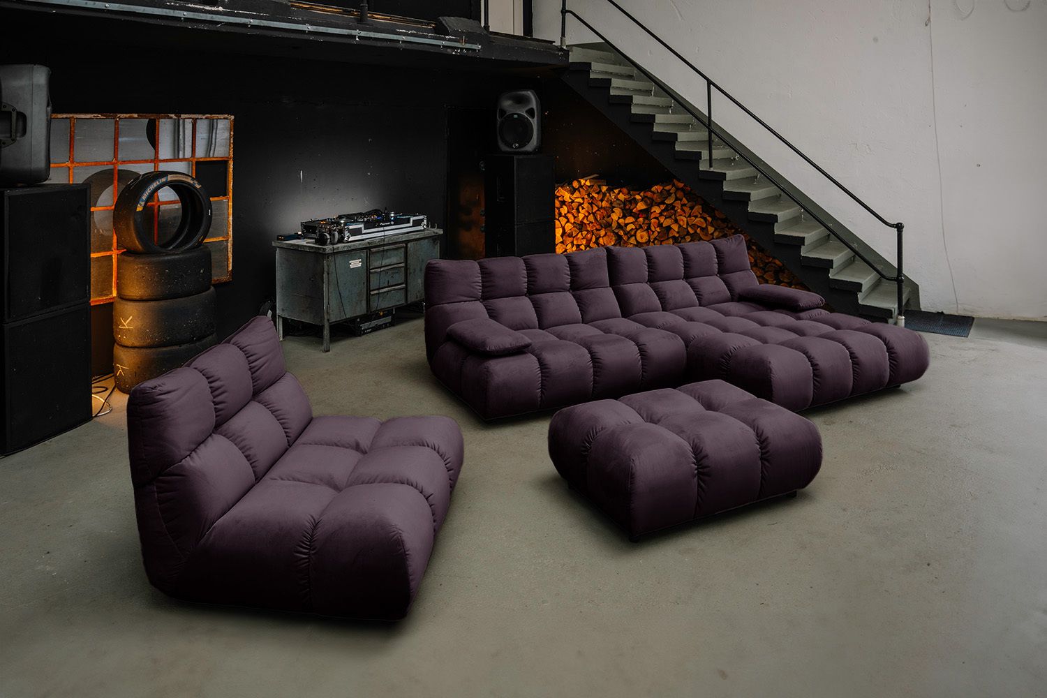 KAWOLA Sitzgruppe VIVIEN Ecksofa Drehsessel Hockerbank Velvet purple
