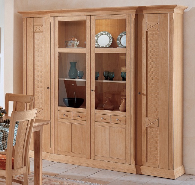 Vienna Landhaus Vitrinenschrank 4-türig mit Beleuchtung Pinie massiv