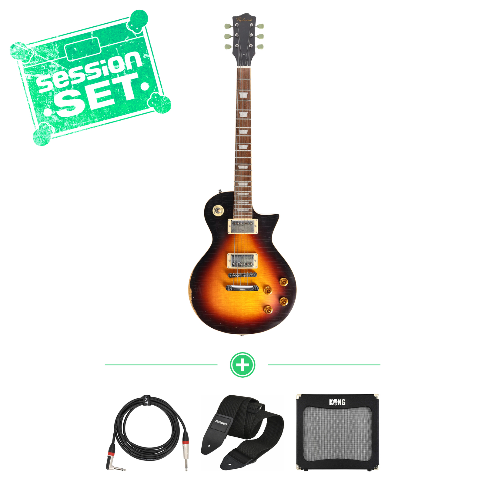 Redwood Relics LP-Style Dirty Tobacco Burst inkl. Case E-Gitarren Set inkl. Verstärker & Zubehör