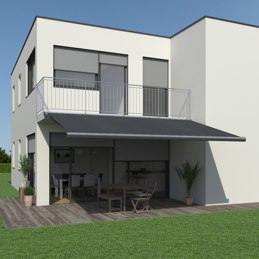 Vollkassettenmarkise K300-PRO | 5x3 m | Stoff: Uni, anthrazit | Gestell: Anthrazit | SOWERO Vollkassettenmarkise Funkmotor inkl. Handsender