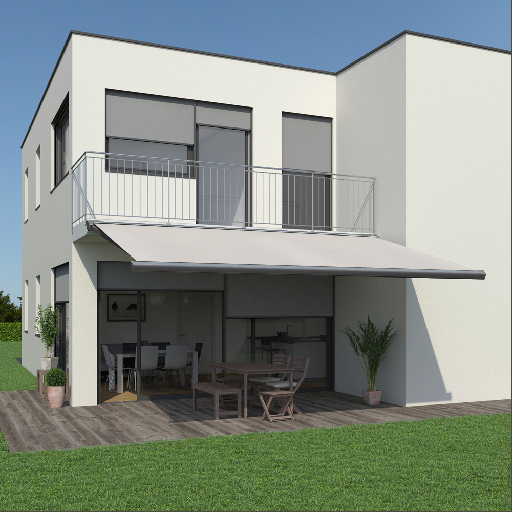 Vollkassettenmarkise K300-PRO | 5x3 m | Stoff: Uni, elfenbein | Gestell: Anthrazit | SOWERO Vollkassettenmarkise Funkmotor inkl. Handsender