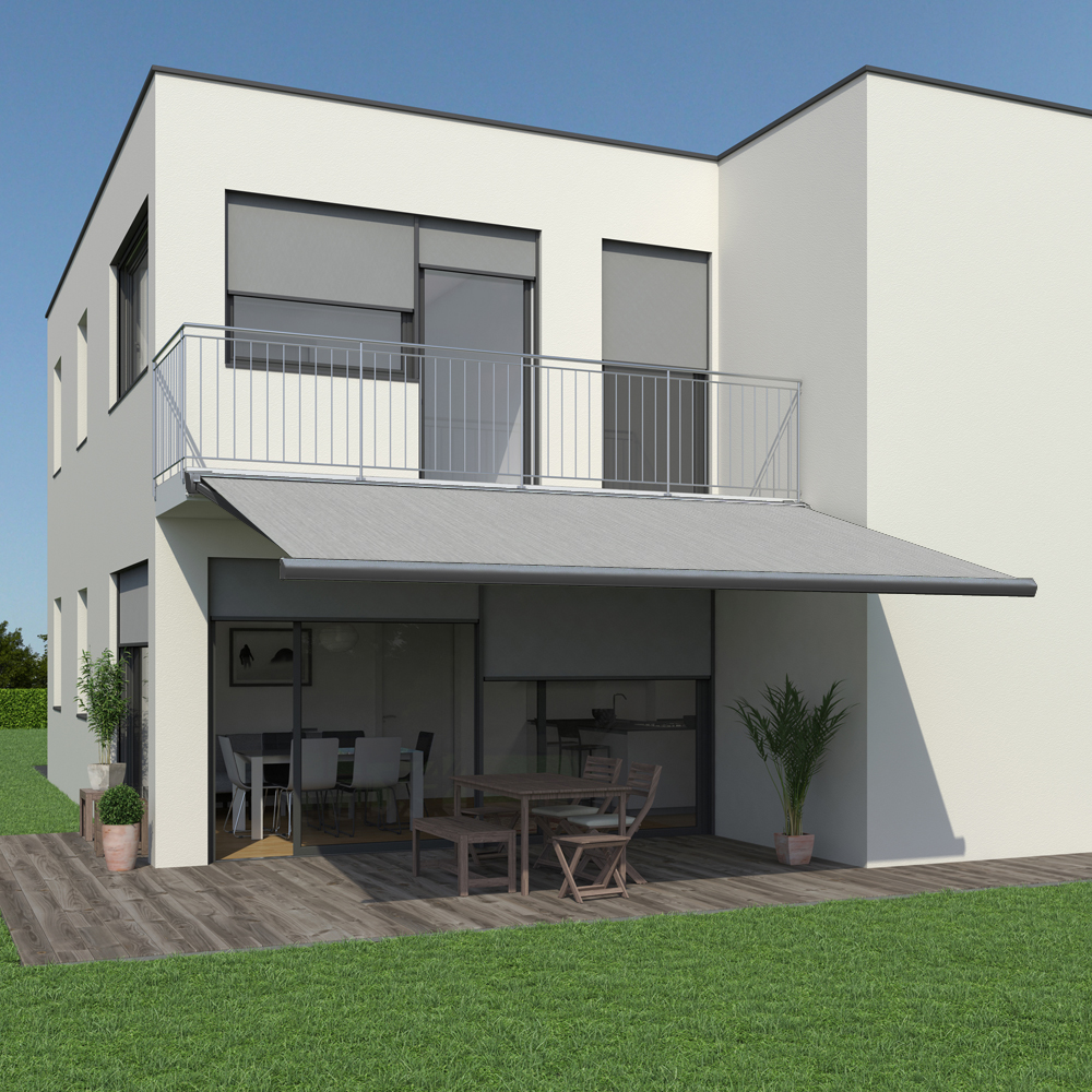 Vollkassettenmarkise K300-PRO | 4x3 m | Stoff: Uni, grau meliert | Gestell: Anthrazit | SOWERO Vollkassettenmarkise Funkmotor inkl. Handsender