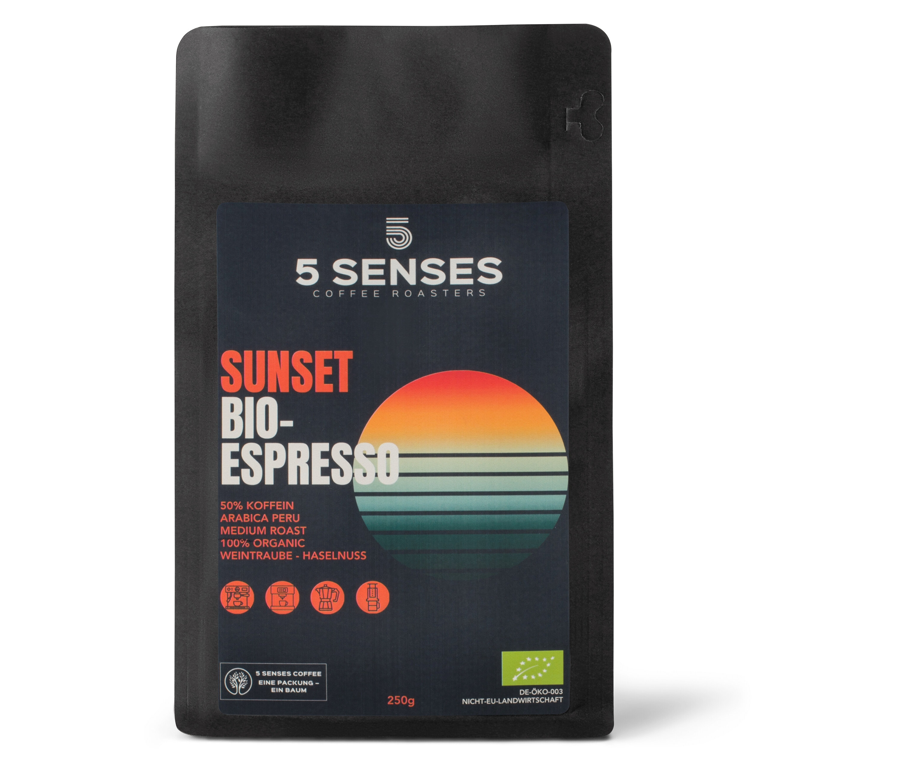5 Senses - Sunset Bio-Espresso - 50% koffeinreduziert - 250 g Ganze Bohne - Intensität: 4/6