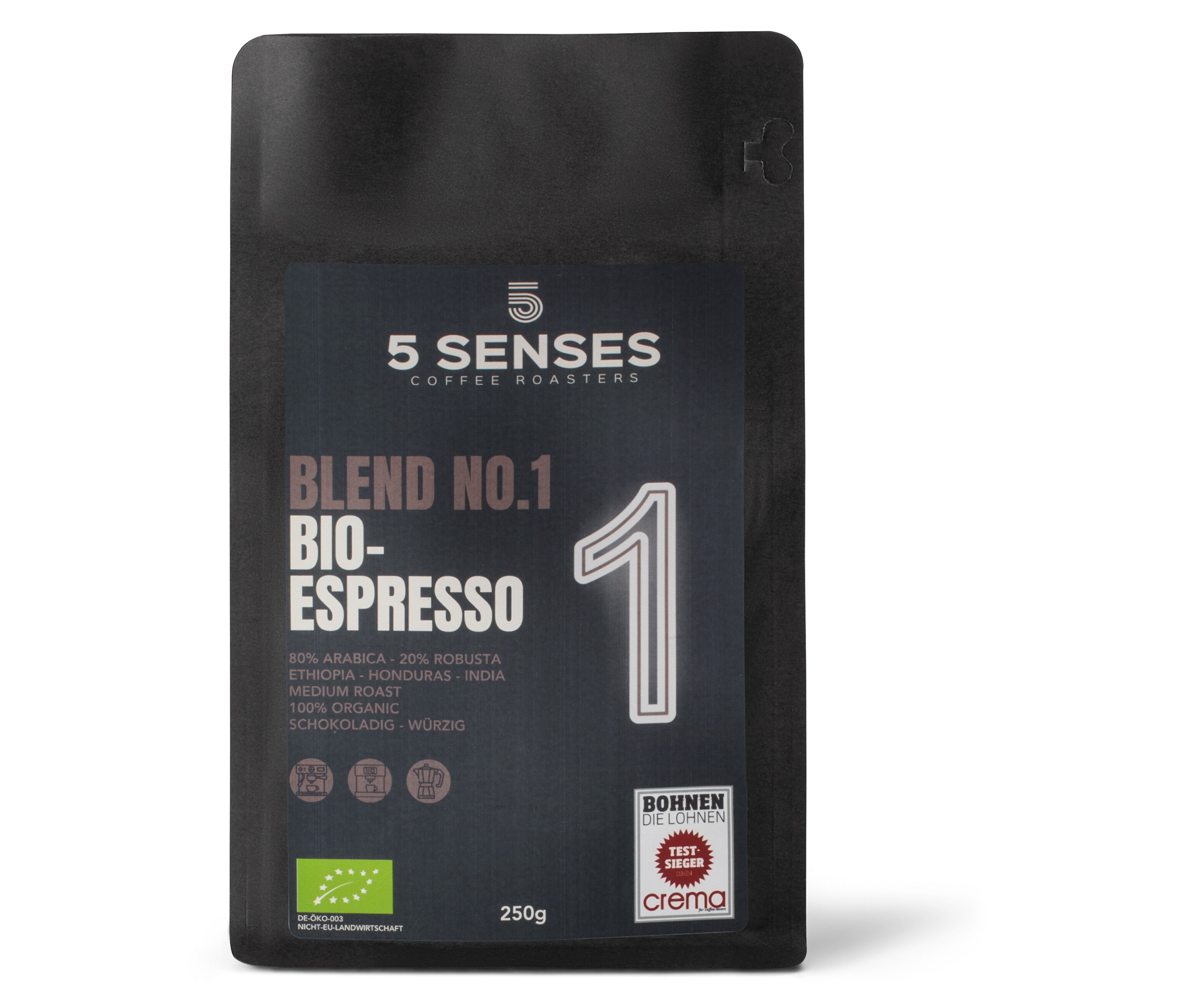 5 Senses - Blend No.1 Bio-Espresso - 250 g Ganze Bohne - Intensität: 5/6