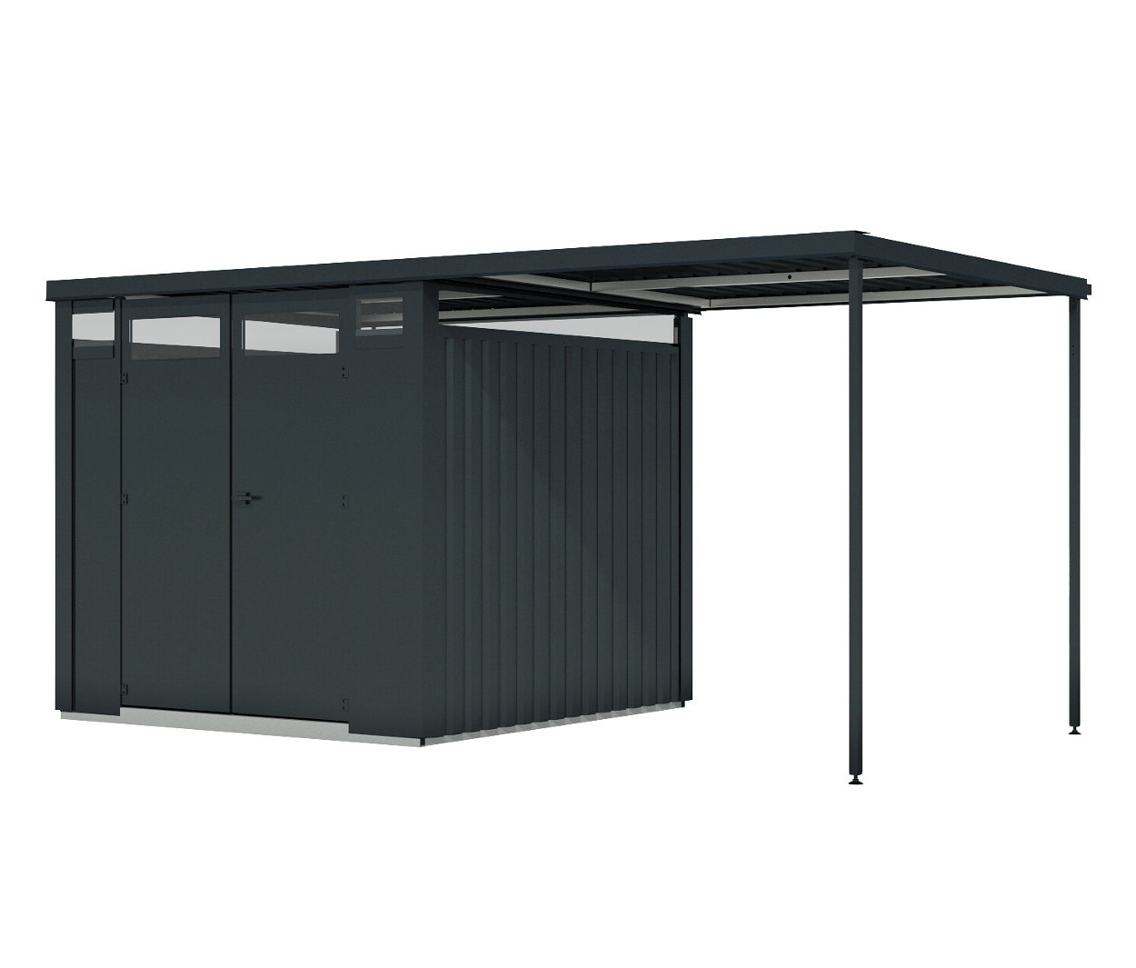 Karibu Metall-Gerätehaus mit Anbaudach - 448x229,5x218cm - anthrazit - Blech / Holz