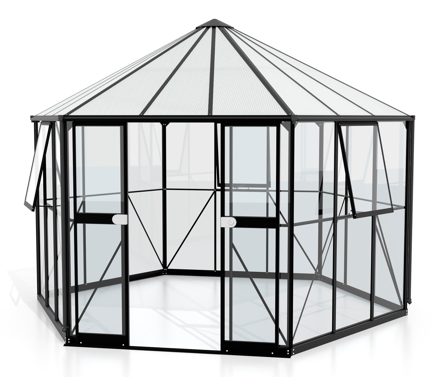Vitavia Gewächshaus Pavillion 9 m² inkl. Fundamentrahmen - 383x333x284cm - schwarz - Aluminium / Glas / Glas