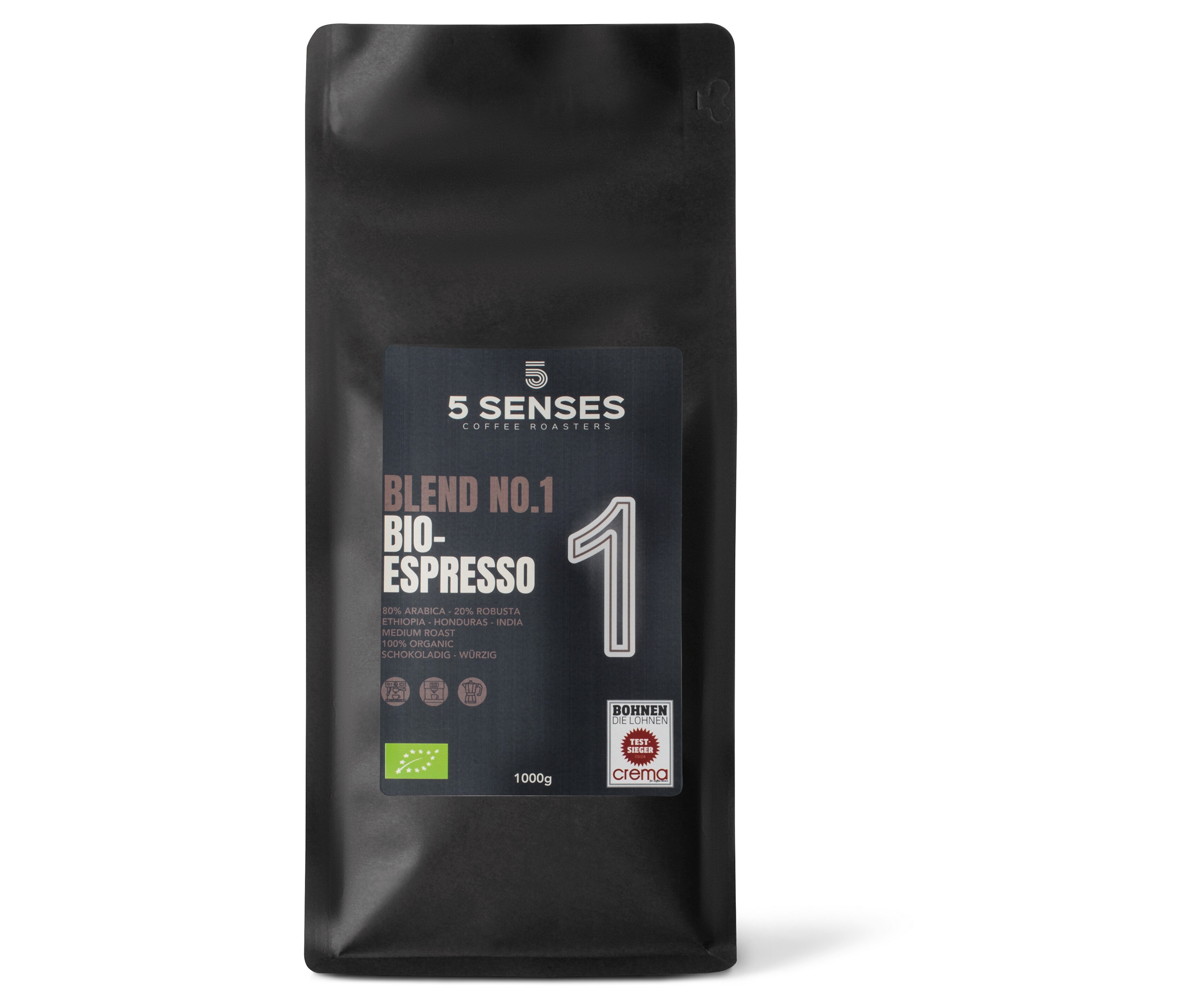 5 Senses - Blend No.1 Bio-Espresso - 1 kg Ganze Bohne - Intensität: 5/6