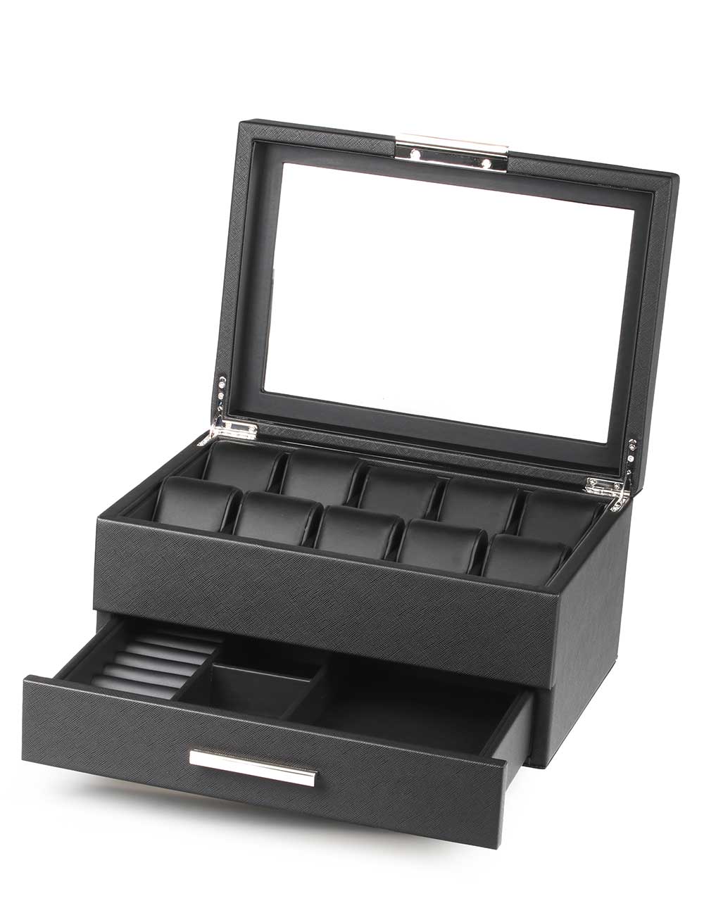 Rothenschild RS-LMWB-10WD Uhren-, und Accessoires-Box aus Kunstleder [10] schwarz mit Schublade