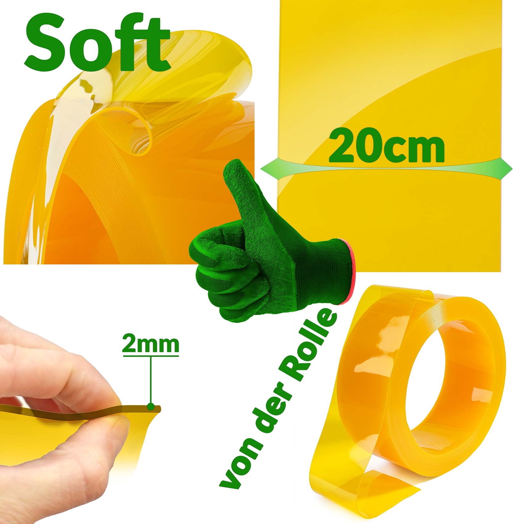 PVC Streifenvorhang Lamellen Vorhang Stärke 2mm Gelb B-20cm 100 x 20cm